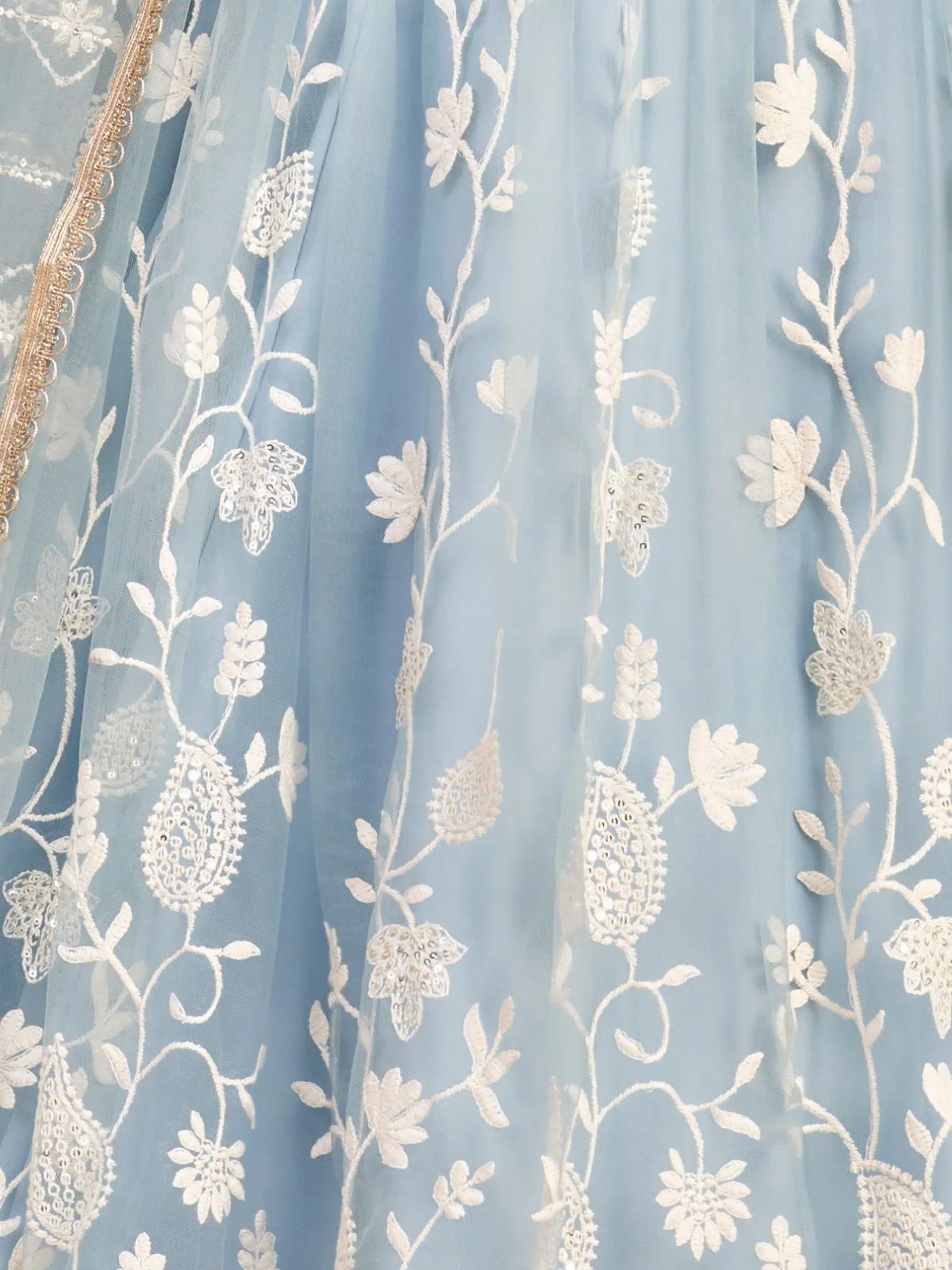 Odette Sky Blue Net Embroidered Semi Stitched Lehenga For Women - Image 5