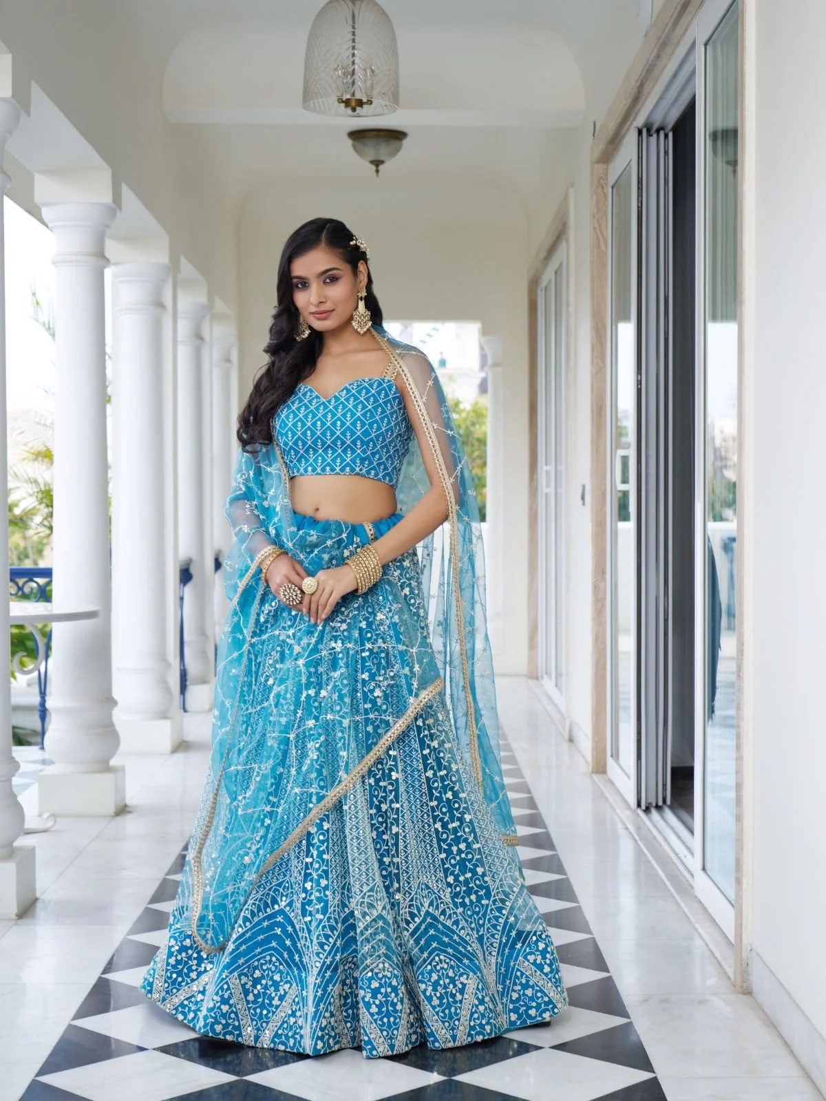 Odette Sky Blue Net Embroidered Semi Stitched Lehenga For Women - Image 2