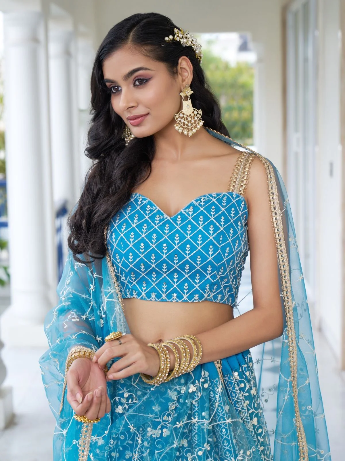 Odette Sky Blue Net Embroidered Semi Stitched Lehenga For Women - Image 4