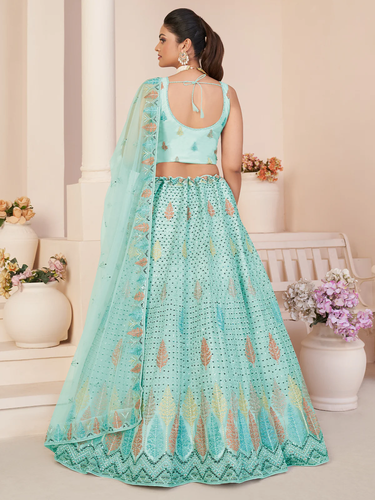 Odette Sky Blue Net Embroidered Semi Stitched Lehenga With Unstitched Blouse for Women - Image 3