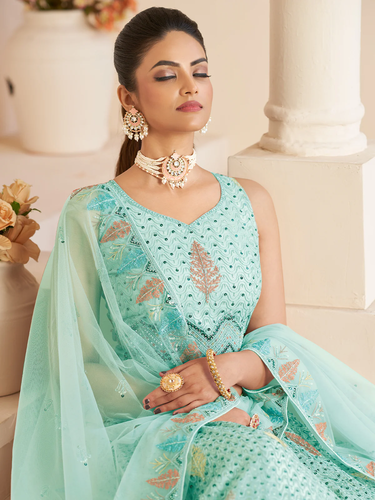 Odette Sky Blue Net Embroidered Semi Stitched Lehenga With Unstitched Blouse for Women - Image 4