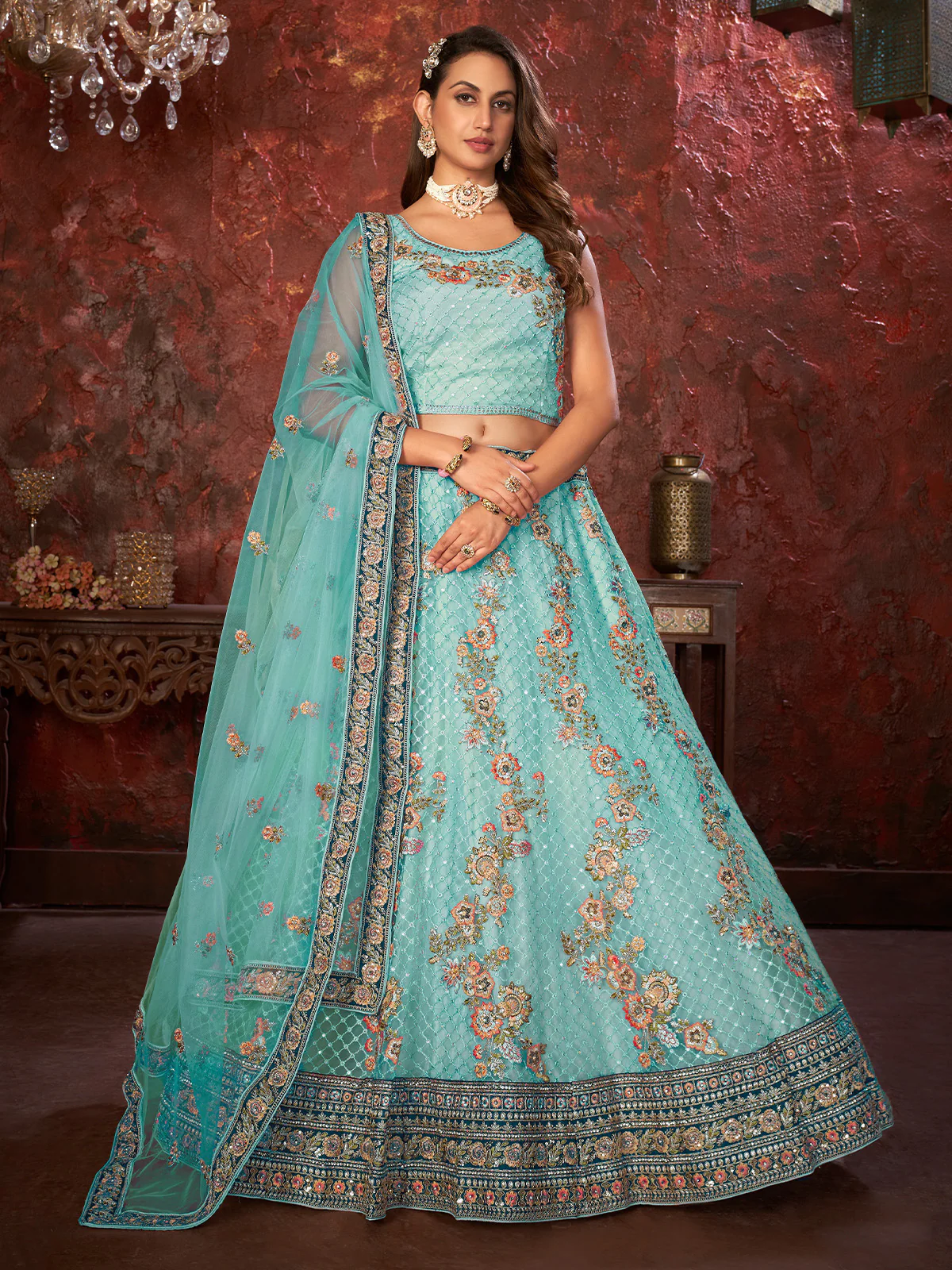 Odette Sky Blue Net Embroidered Semi Stitched Lehenga With Unstitched Blouse for Women - Image 2