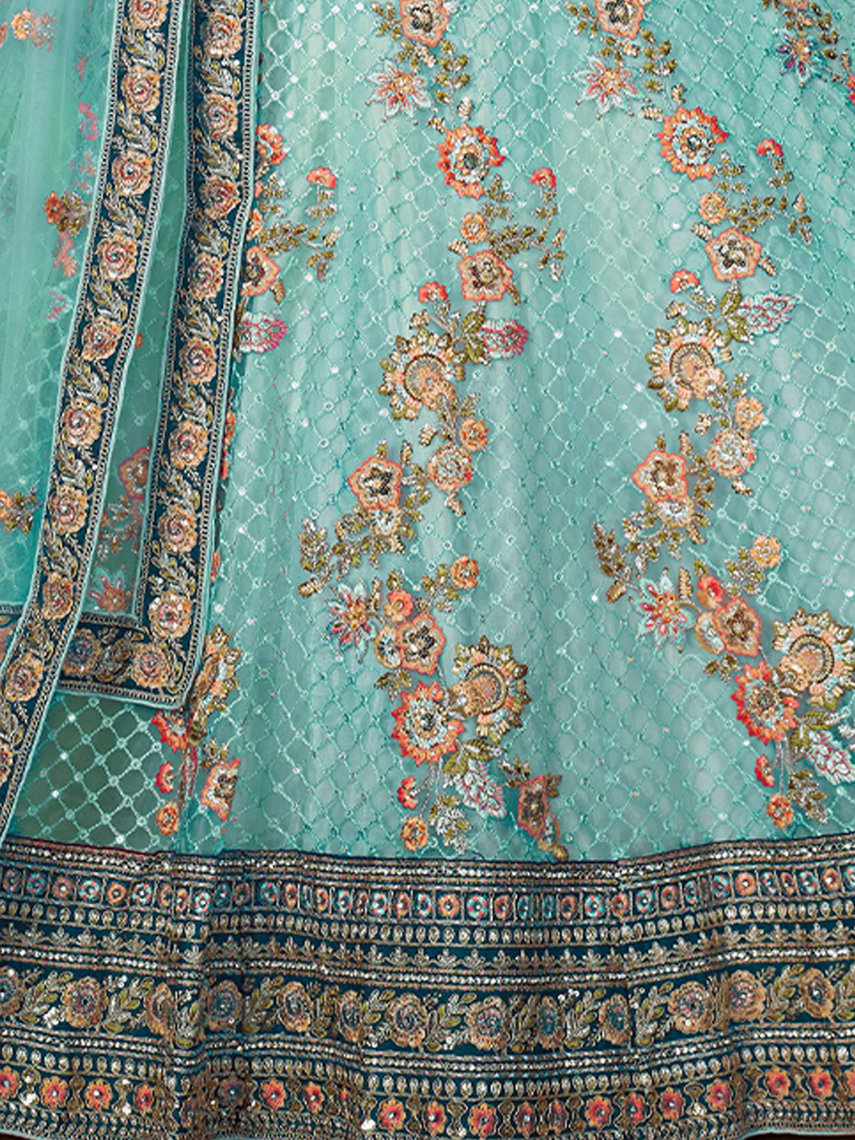 Odette Sky Blue Net Embroidered Semi Stitched Lehenga With Unstitched Blouse for Women - Image 5