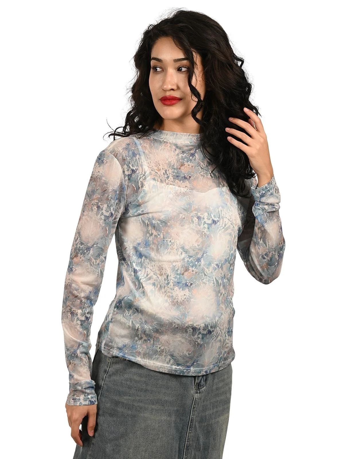 Odette Sky Blue Net Printed Top For Women - Image 2