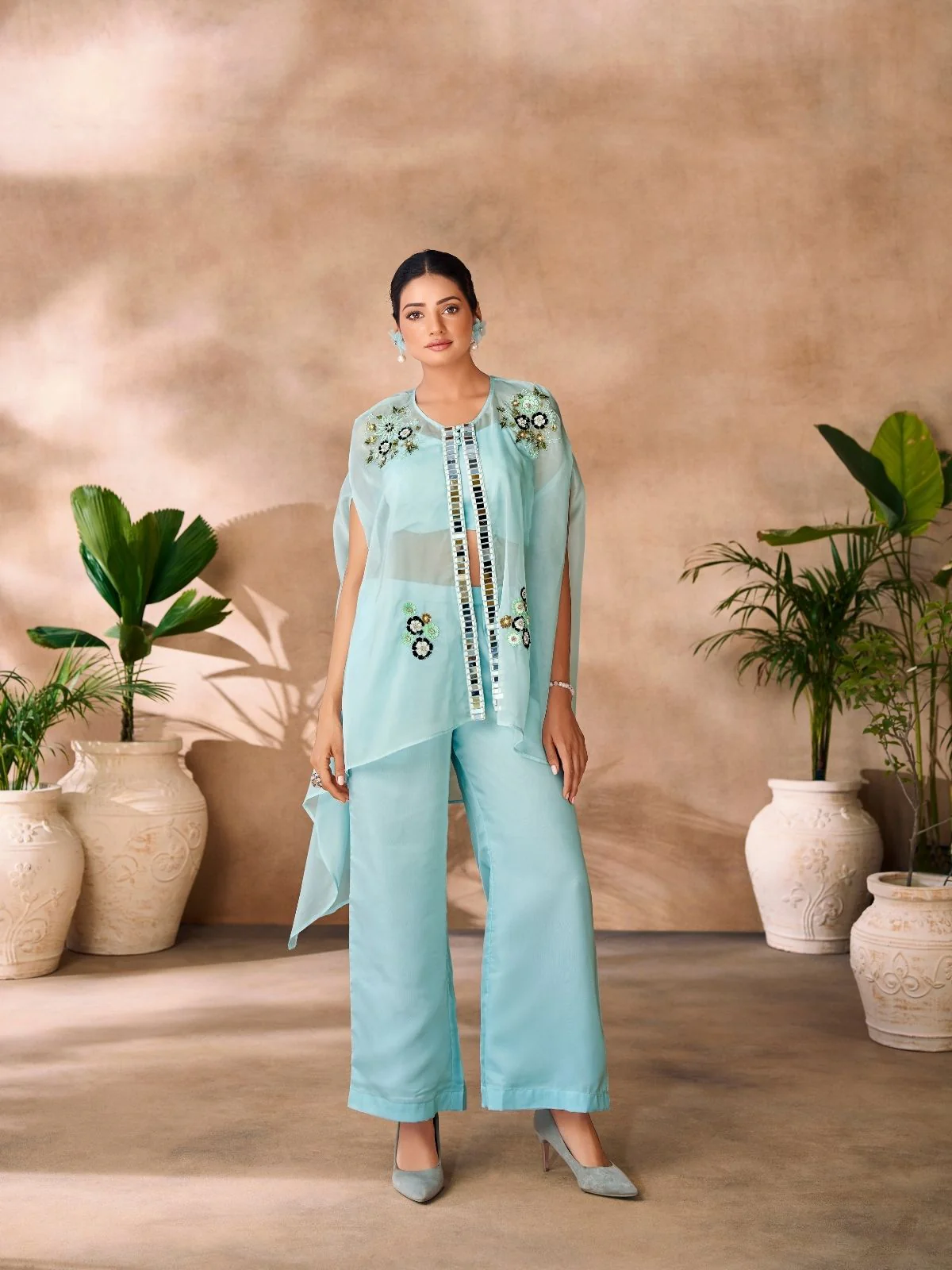 Odette Sky Blue Organza Embellished Co-Ord Set For Women - Image 2