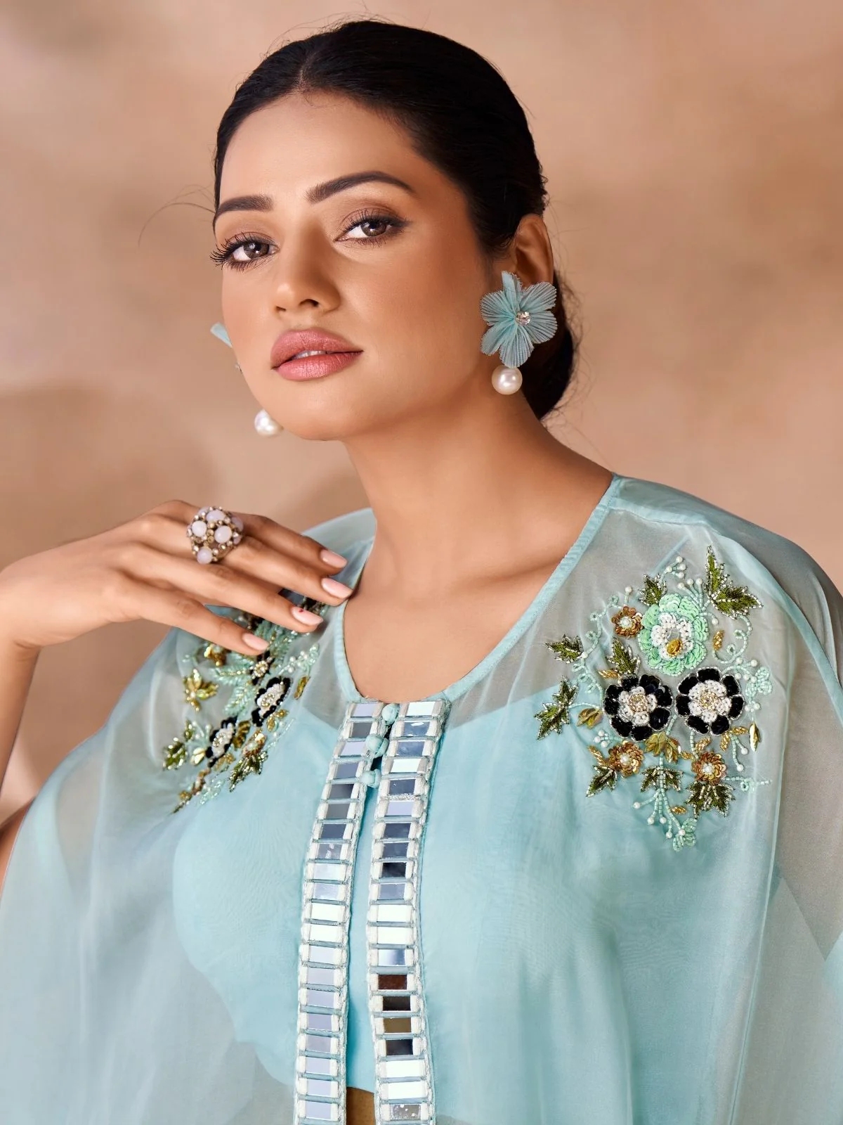 Odette Sky Blue Organza Embellished Co-Ord Set For Women - Image 4