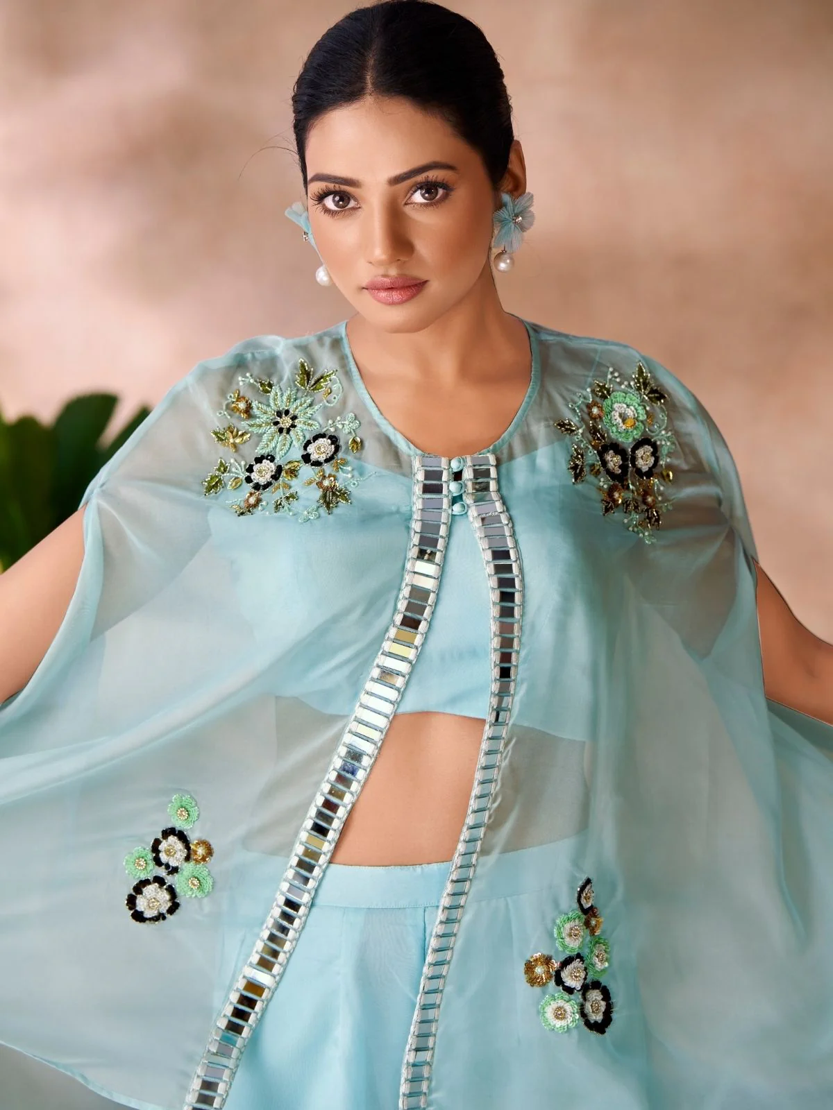 Odette Sky Blue Organza Embellished Co-Ord Set For Women - Image 5