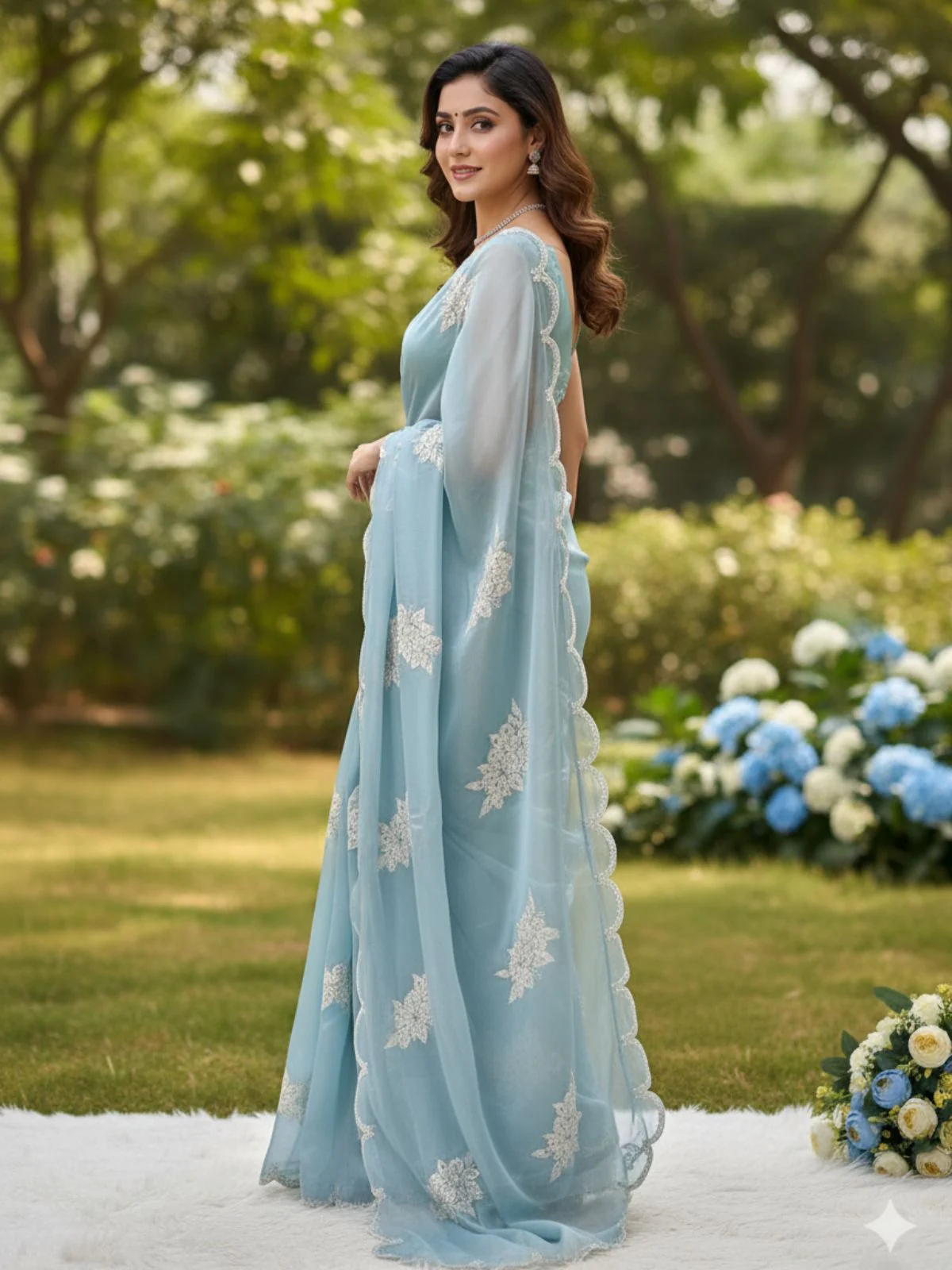 Odette Sky Blue Organza Embroidered And Cutwork Solid Saree For Women - Image 2