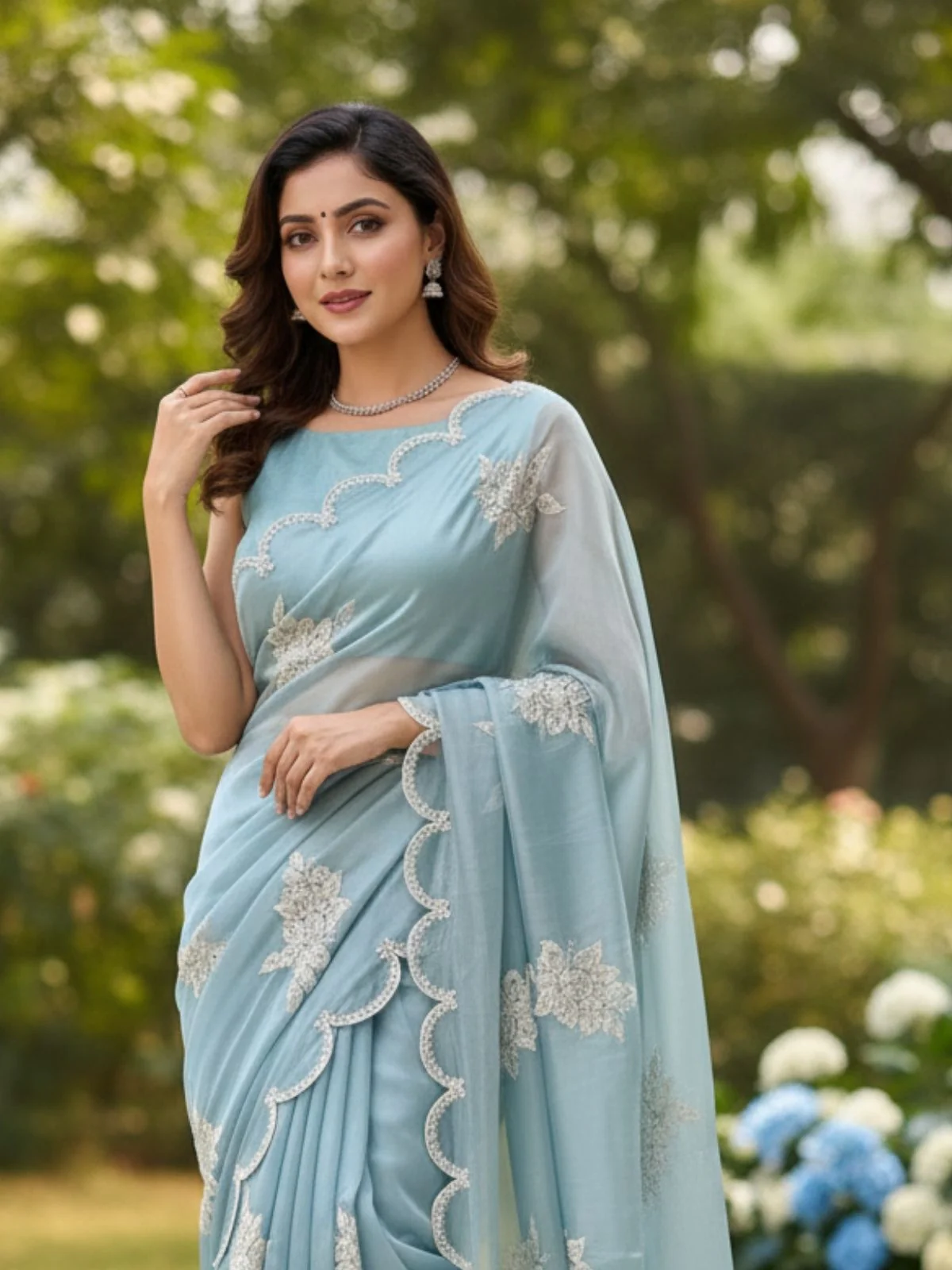 Odette Sky Blue Organza Embroidered And Cutwork Solid Saree For Women - Image 3