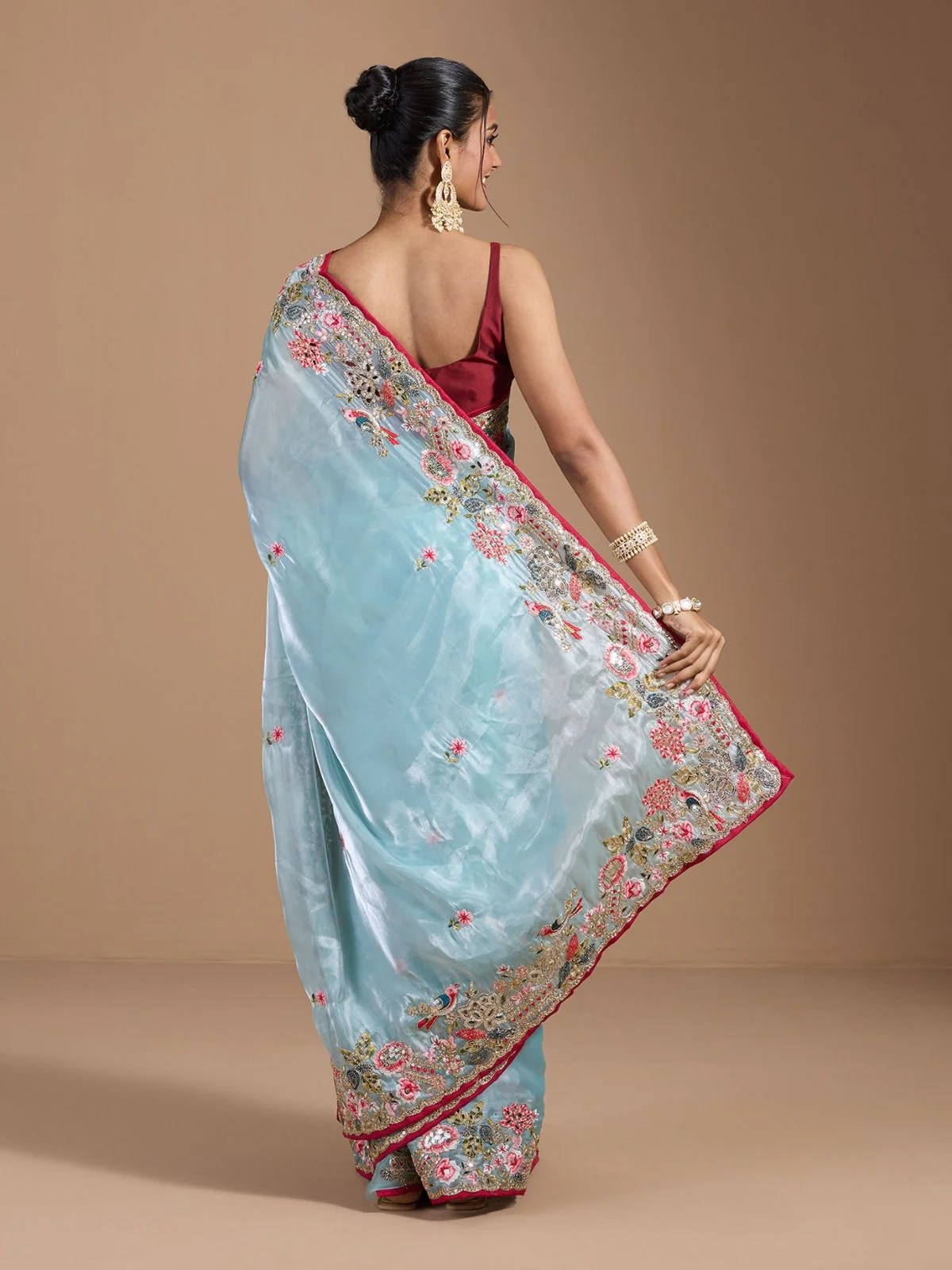Odette Sky Blue Organza Embroidered Solid Saree For Women - Image 2