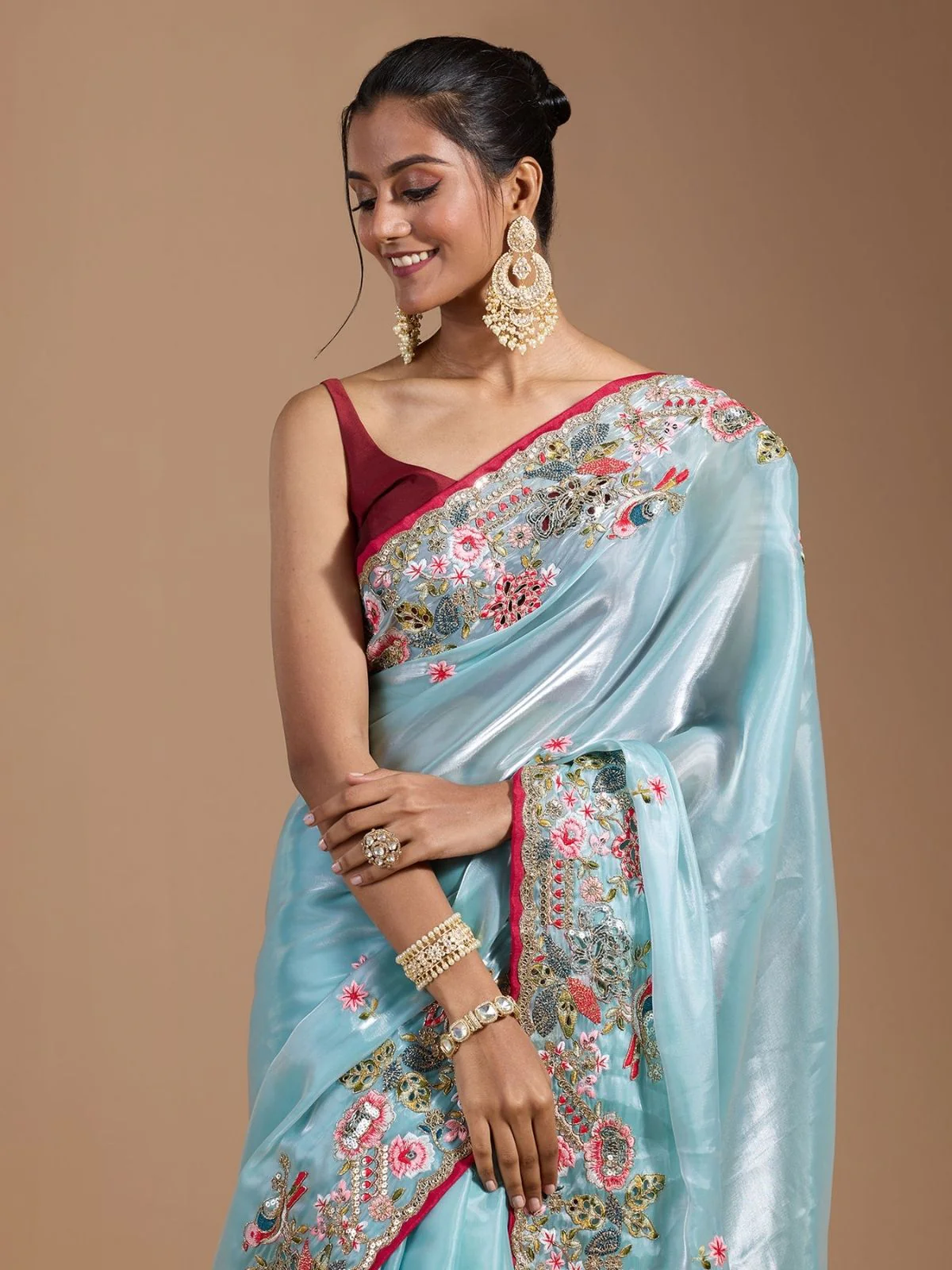 Odette Sky Blue Organza Embroidered Solid Saree For Women - Image 4