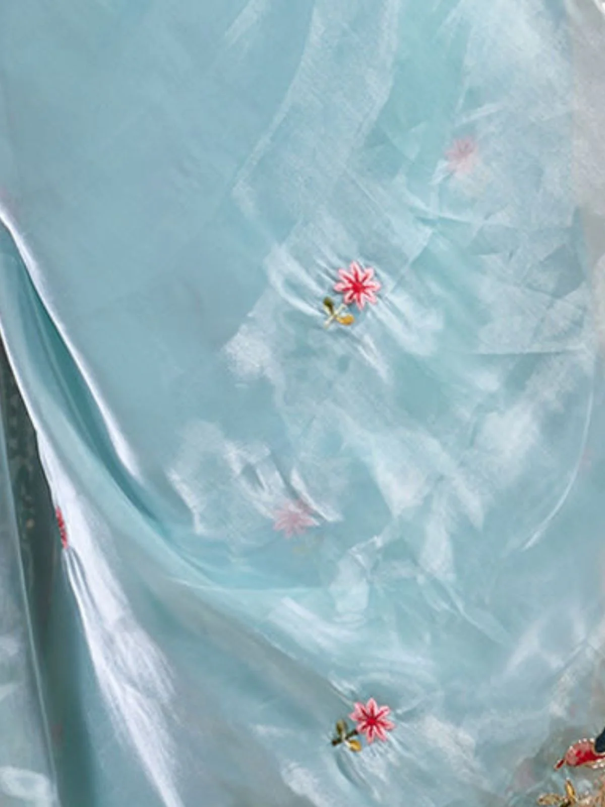 Odette Sky Blue Organza Embroidered Solid Saree For Women - Image 5