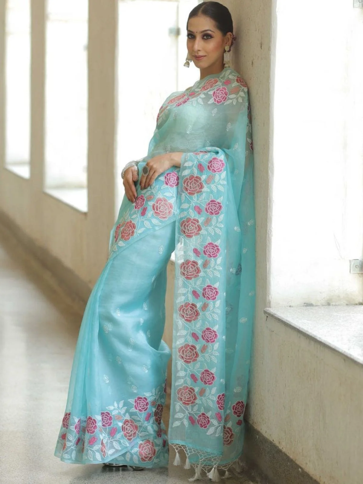 Odette Sky Blue Organza Embroidered Solid Saree For Women - Image 2