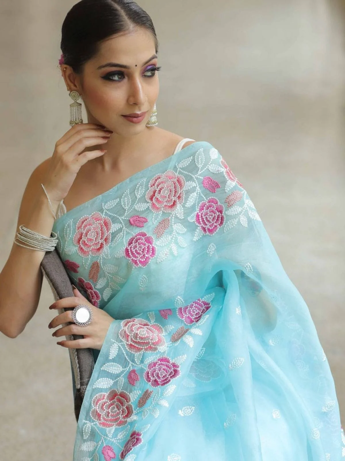 Odette Sky Blue Organza Embroidered Solid Saree For Women - Image 3