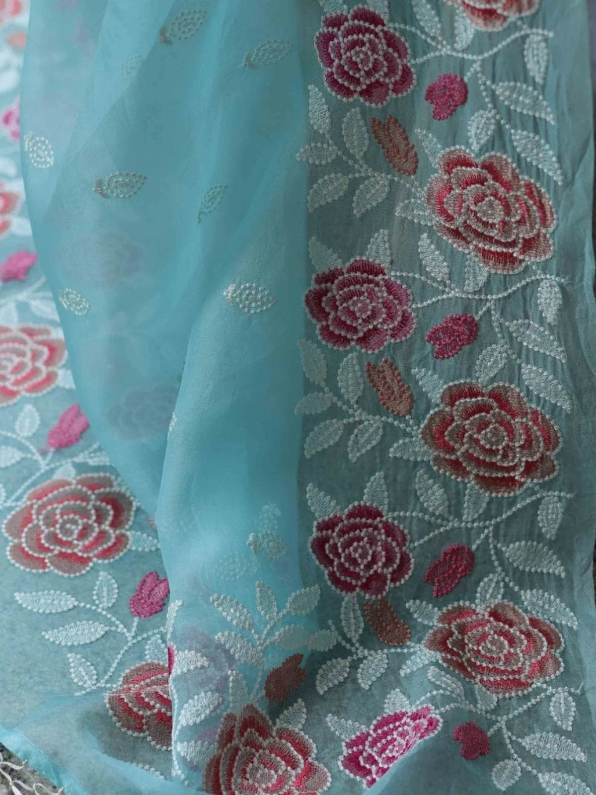 Odette Sky Blue Organza Embroidered Solid Saree For Women - Image 4