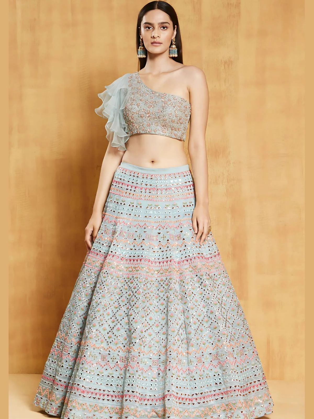Odette Sky Blue Organza Silk Embroidered Semi-Stitched lehenga For Women - Image 2