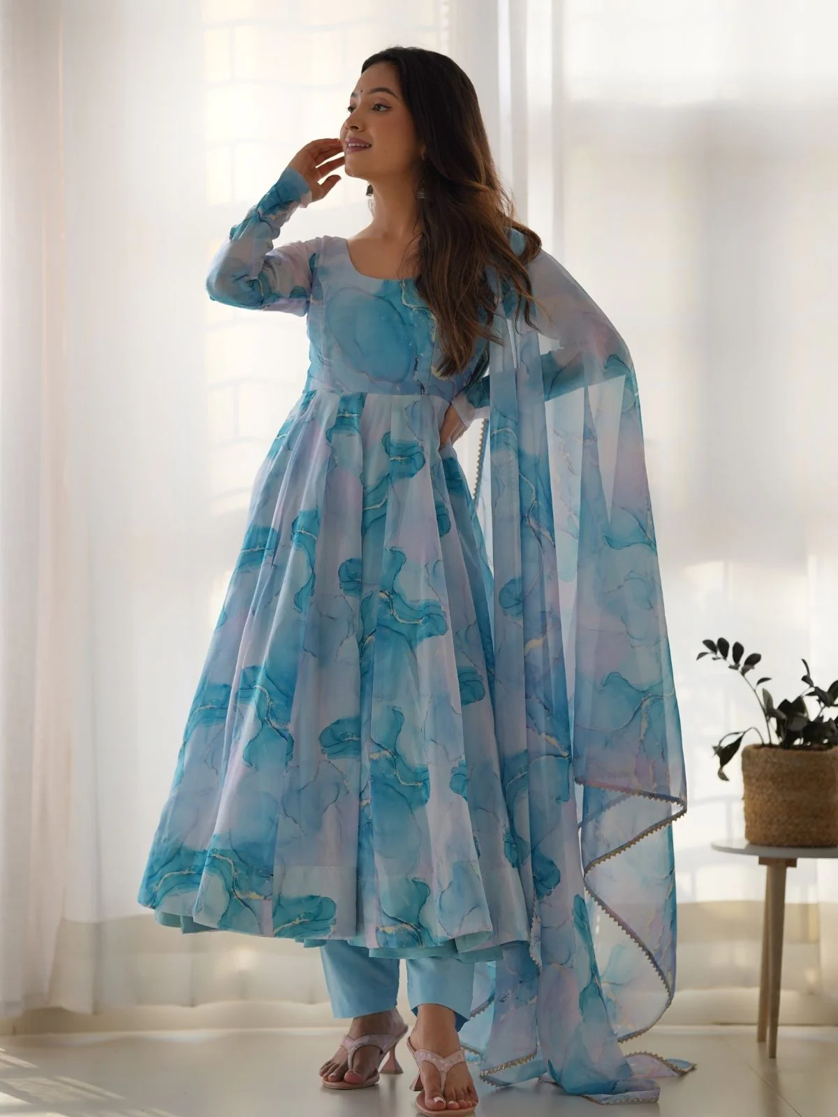 Odette Sky Blue Organza Silk Floral Digital Print Stitched Kurta Set For Women - Image 2