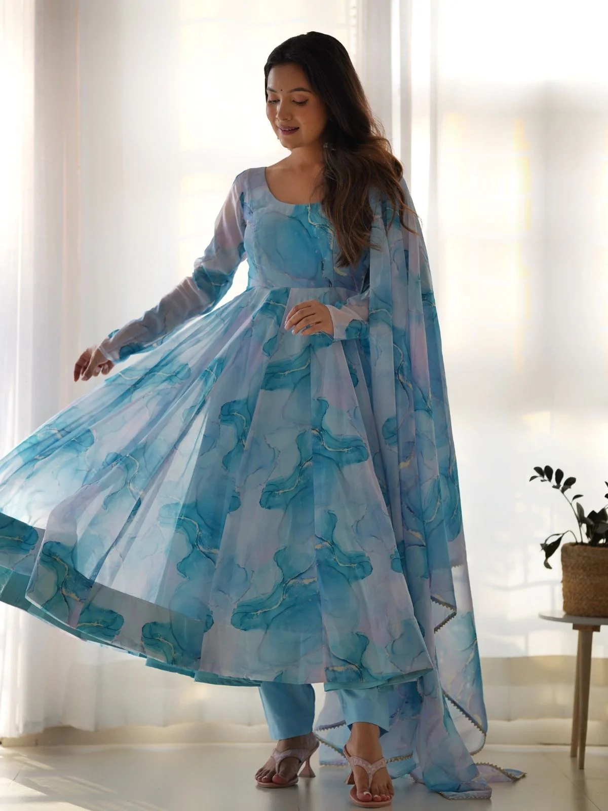 Odette Sky Blue Organza Silk Floral Digital Print Stitched Kurta Set For Women - Image 3