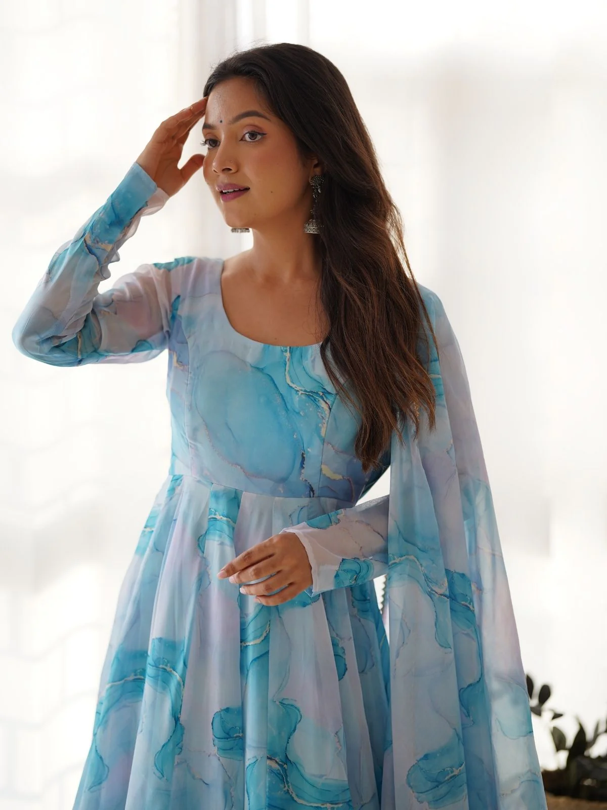 Odette Sky Blue Organza Silk Floral Digital Print Stitched Kurta Set For Women - Image 4