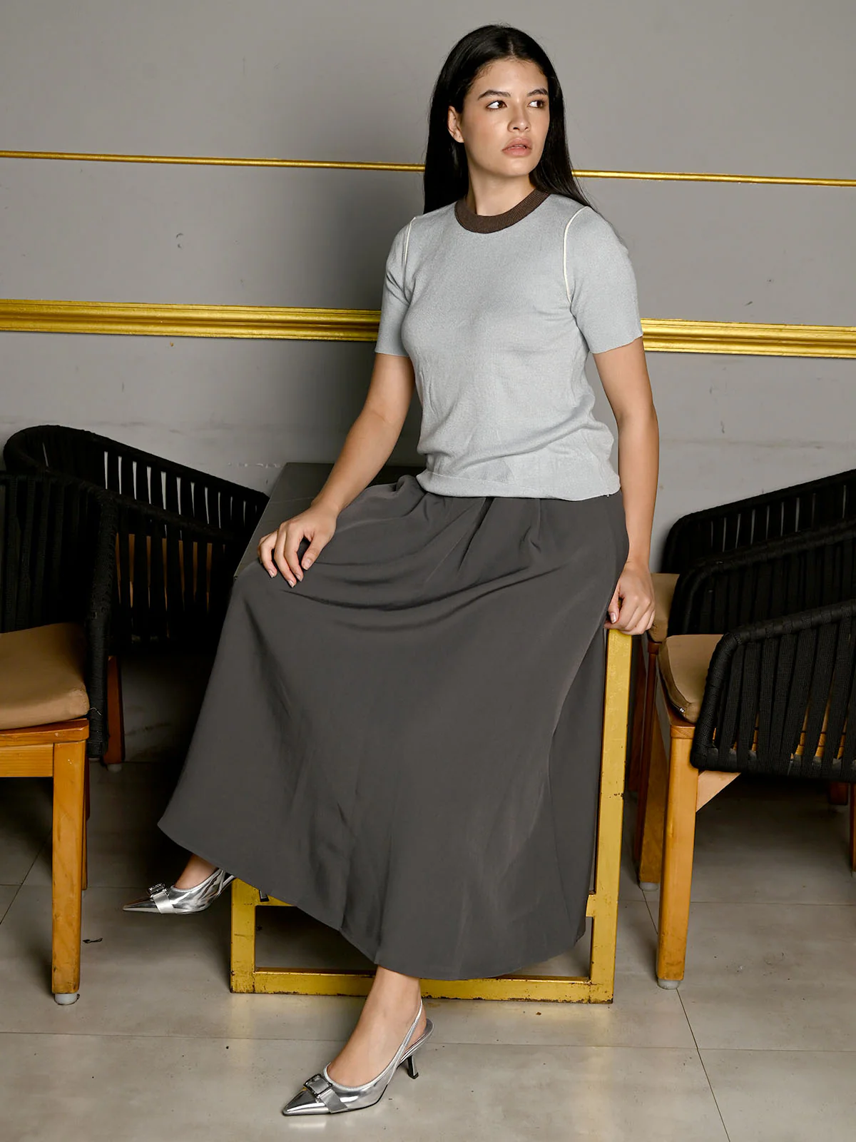 Odette Sky Blue Polyester Solid Half Sleeves Top For Women - Image 5