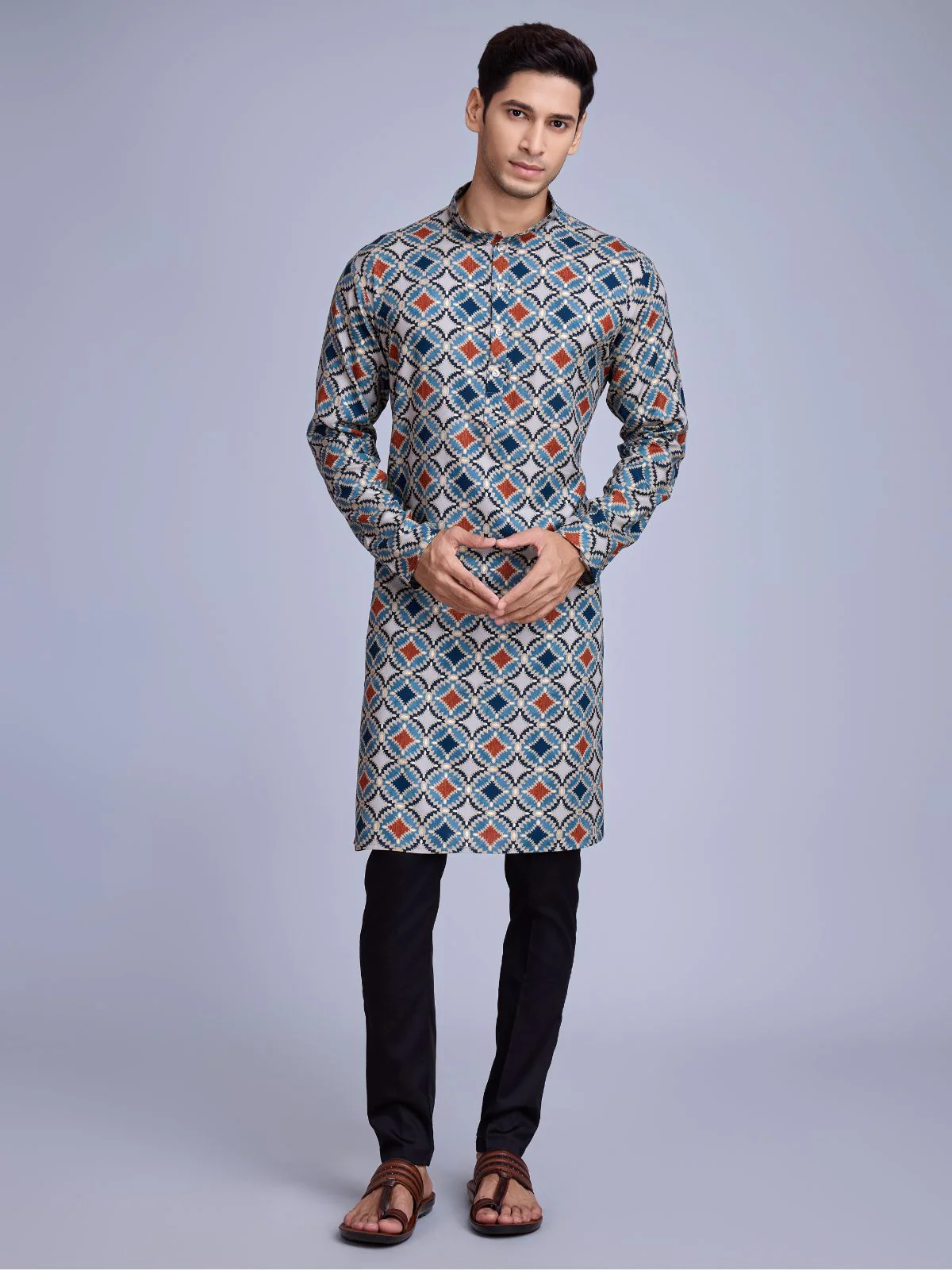 Odette Blue Rayon Printed Stitched Kurta For Men - Image 2