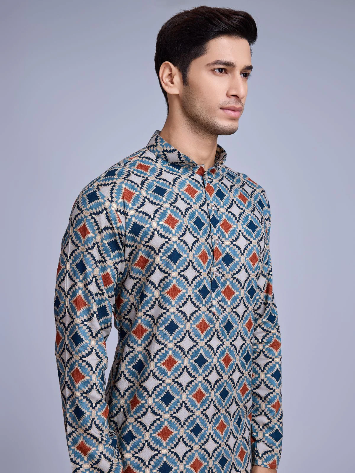 Odette Blue Rayon Printed Stitched Kurta For Men - Image 5
