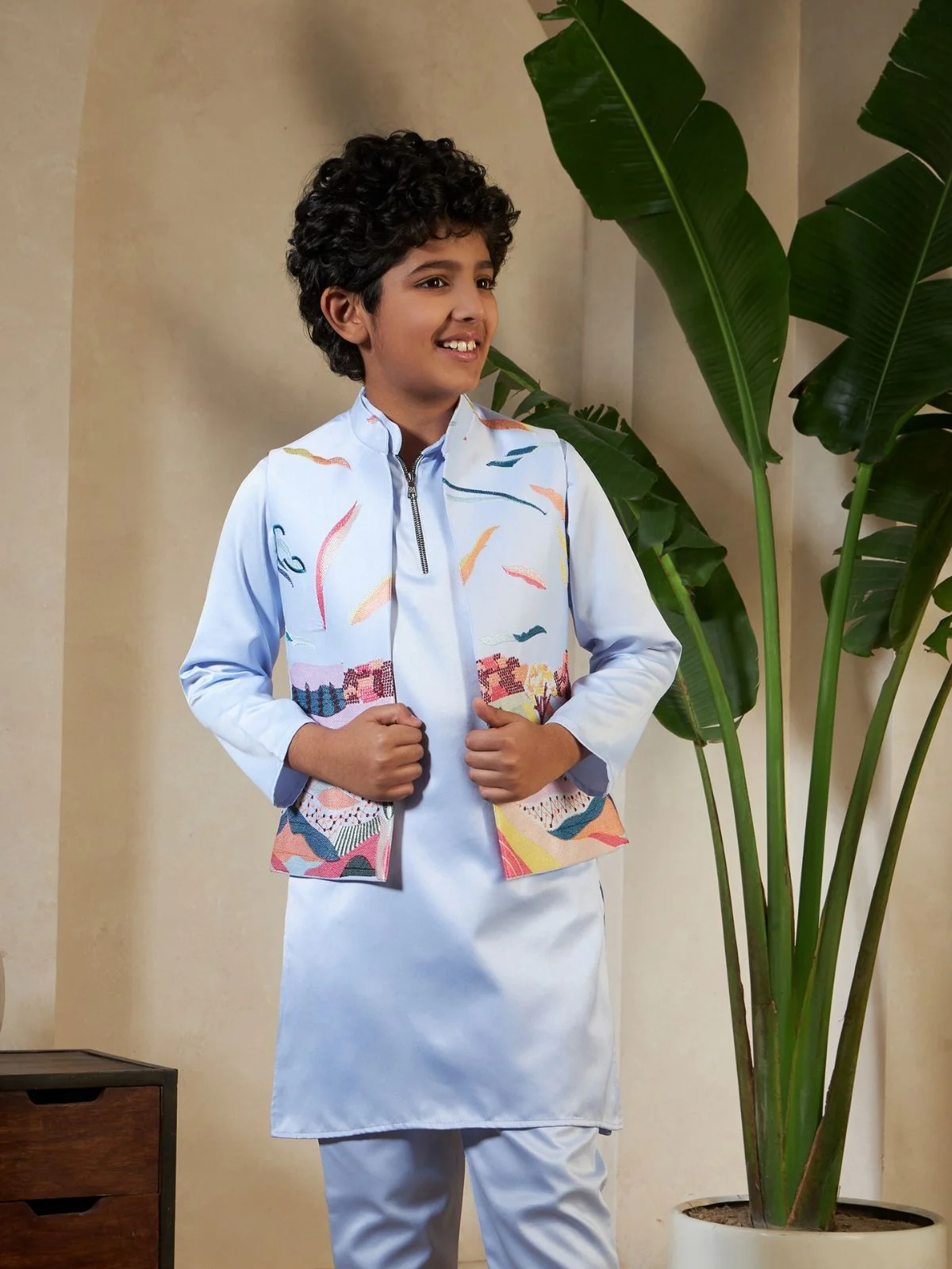 Odette Sky Blue Satin Embellished Stitched Kurta Set For Kids - Image 5