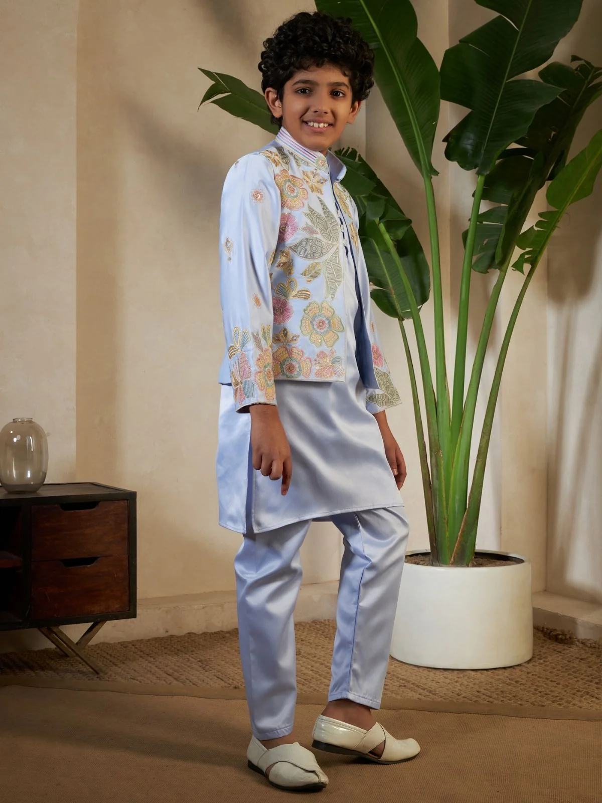 Odette Sky Blue Satin Embellished Stitched Kurta Set For Kids - Image 2