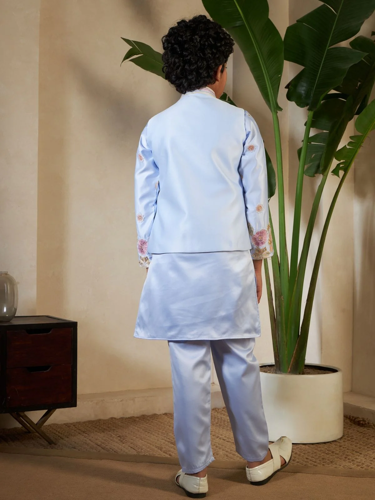 Odette Sky Blue Satin Embellished Stitched Kurta Set For Kids - Image 5