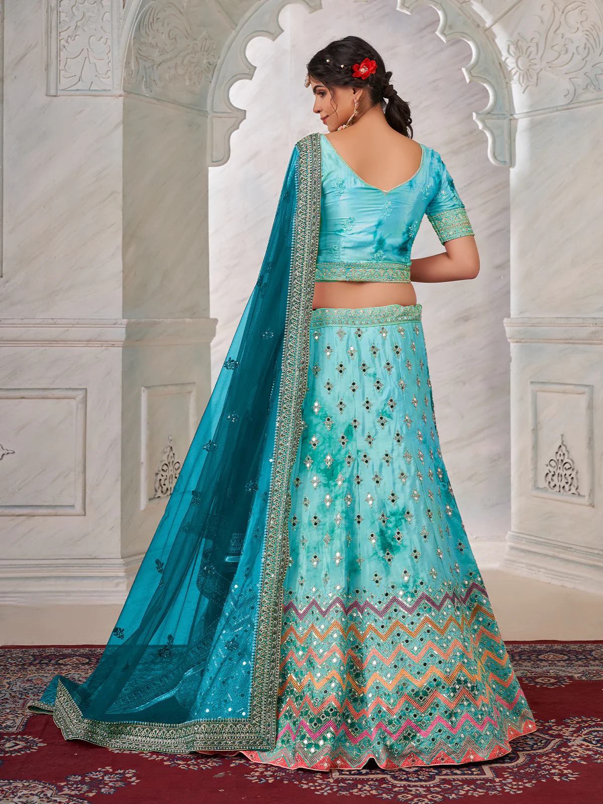 Odette Light Blue Shibori Crepe Embroidered Semi Stitched Lehenga With Unstitched Blouse for Women - Image 2