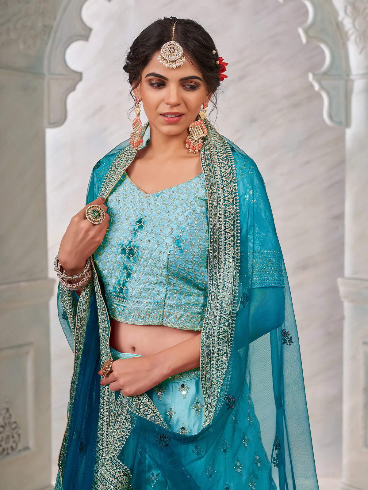 Odette Light Blue Shibori Crepe Embroidered Semi Stitched Lehenga With Unstitched Blouse for Women - Image 3