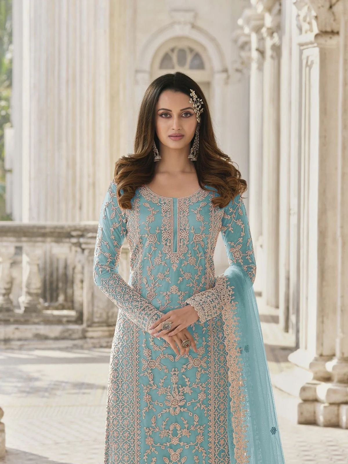 Odette Sky Blue Silk Blend Embroidered Semi Stitched Kurta Set For Women - Image 2