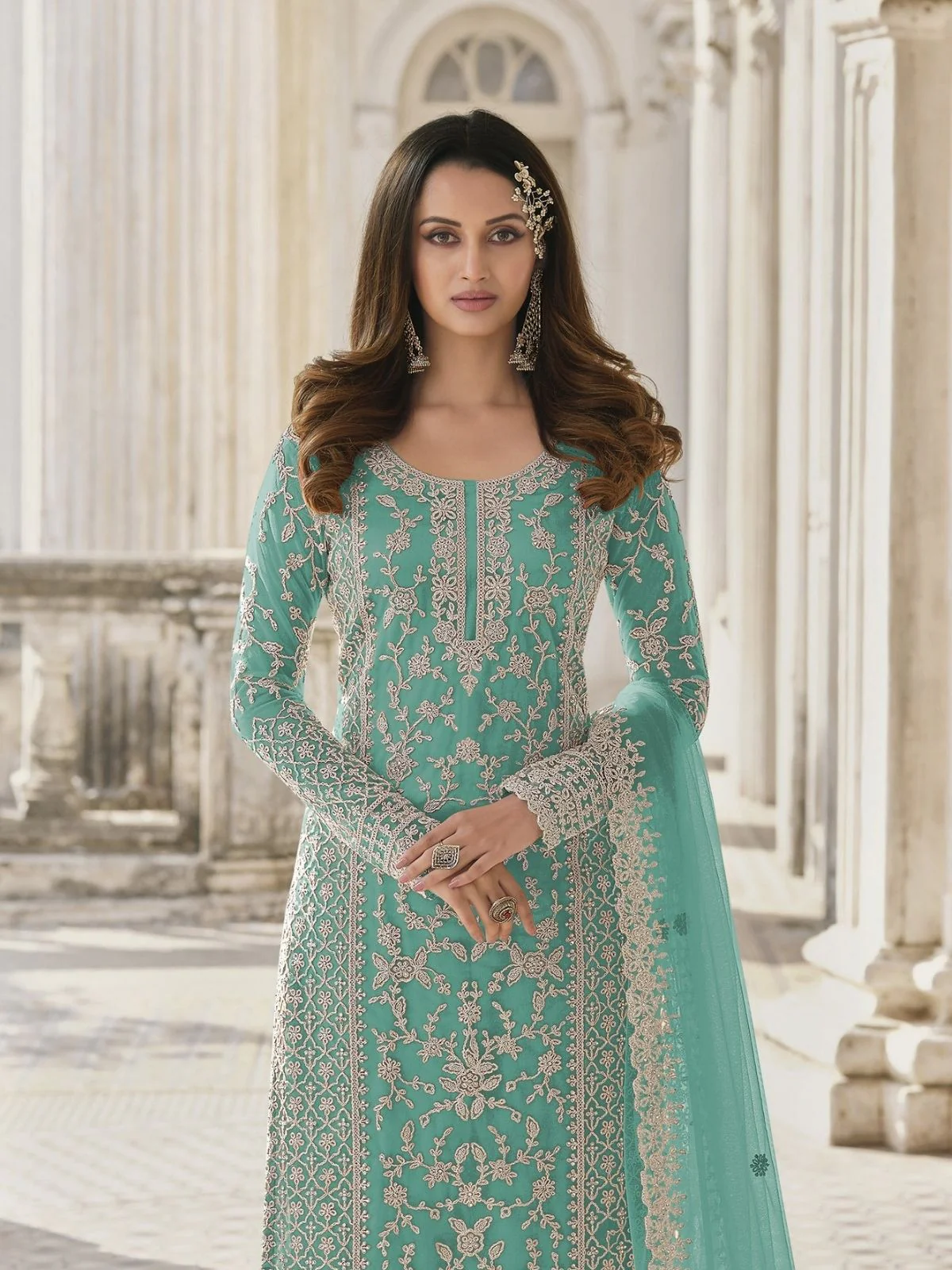 Odette Sky Blue Silk Blend Embroidered Semi Stitched Kurta Set For Women - Image 2