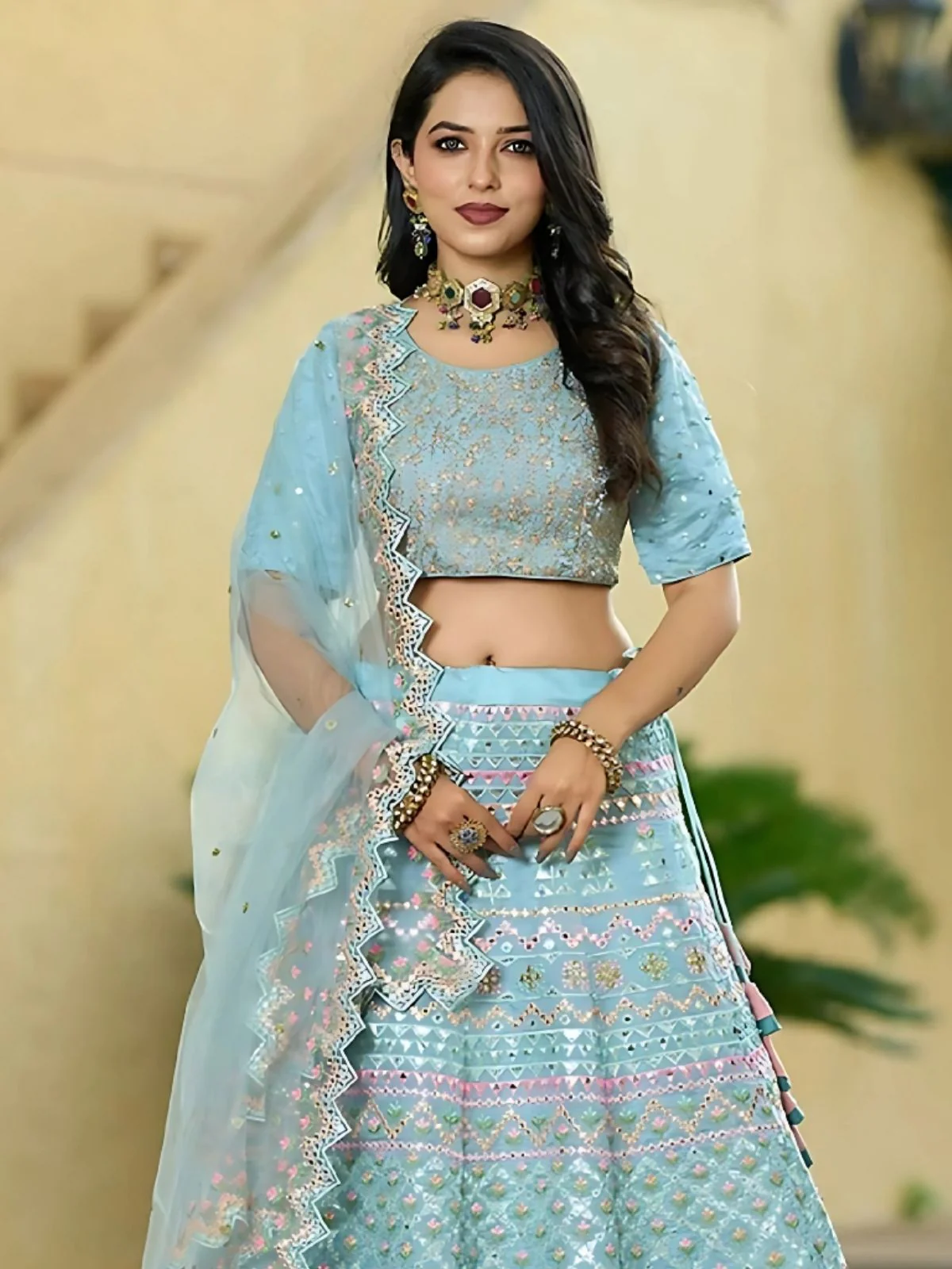 Odette Sky Blue Silk Blend Embroidered Semi-Stitched Lehenga For Women - Image 3