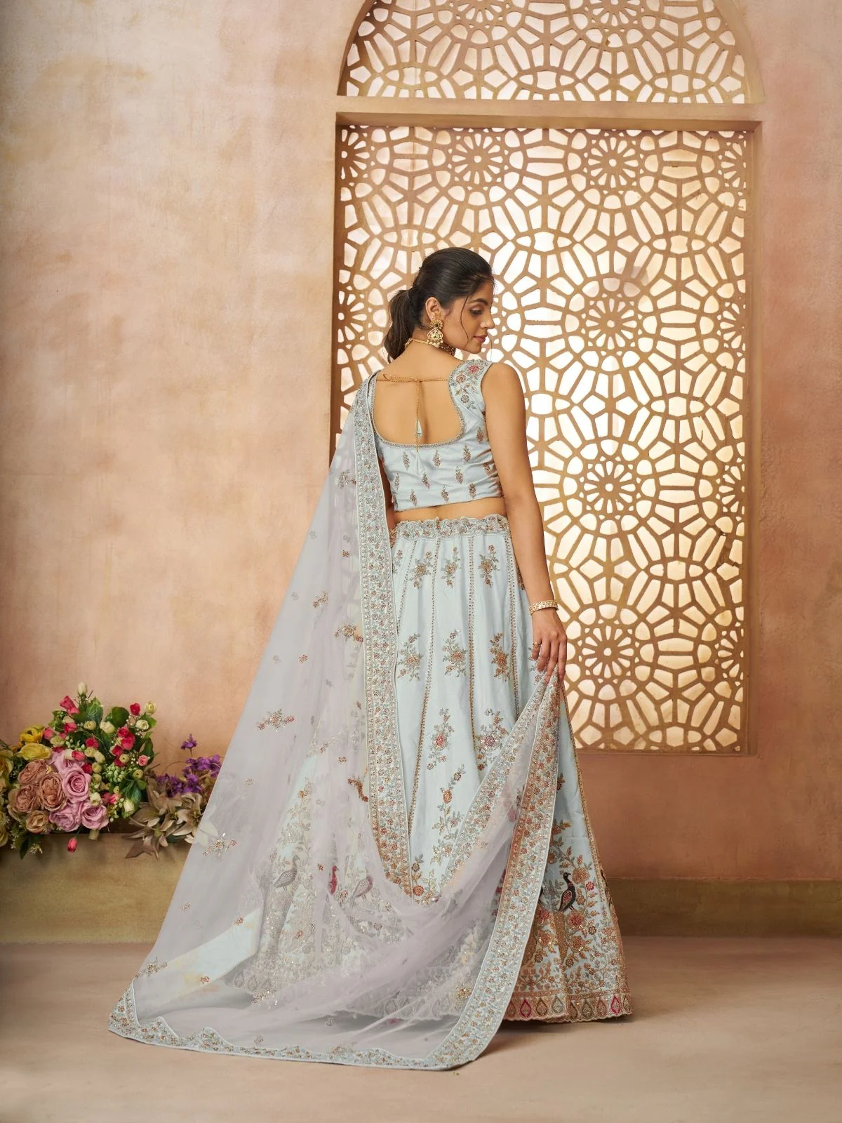 Odette Sky Blue Silk Blend Embroidered Semi-Stitched Lehenga For Women - Image 5