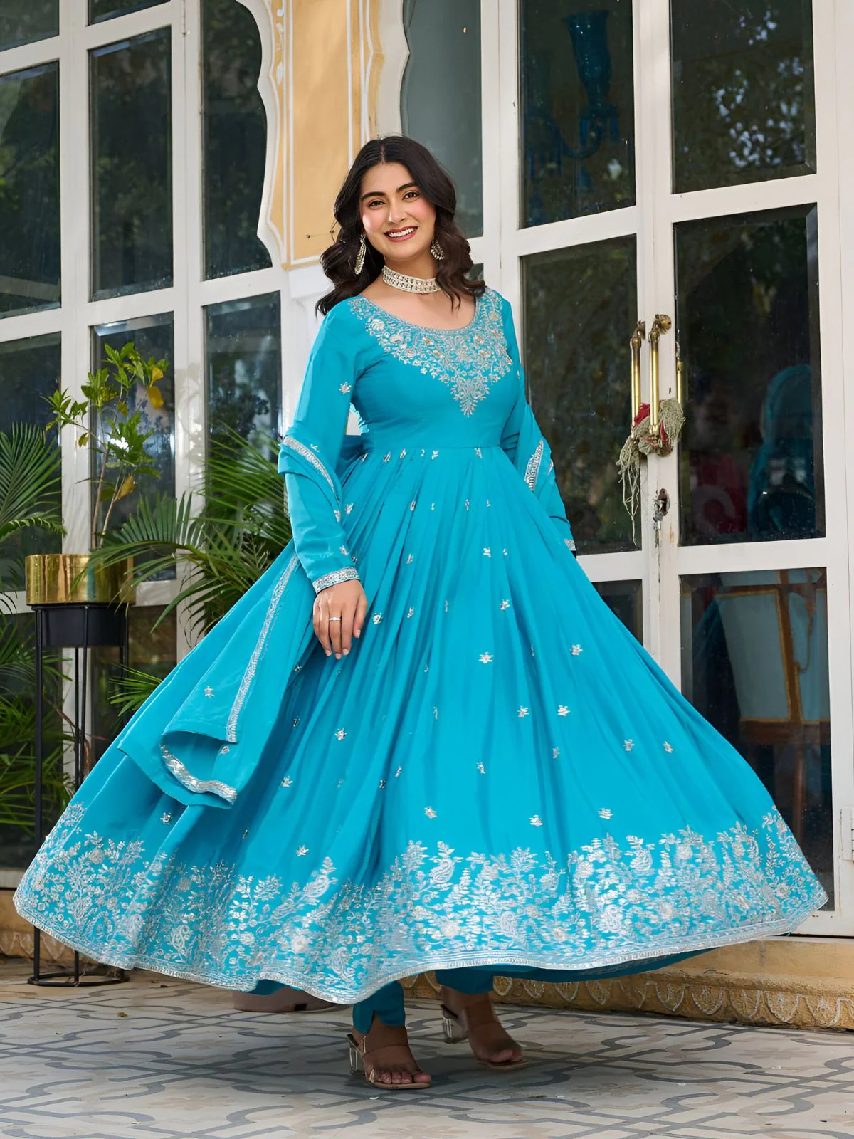 Odette Sky Blue Silk Blend Embroidery & Gathered Kurta Set For Women - Image 2
