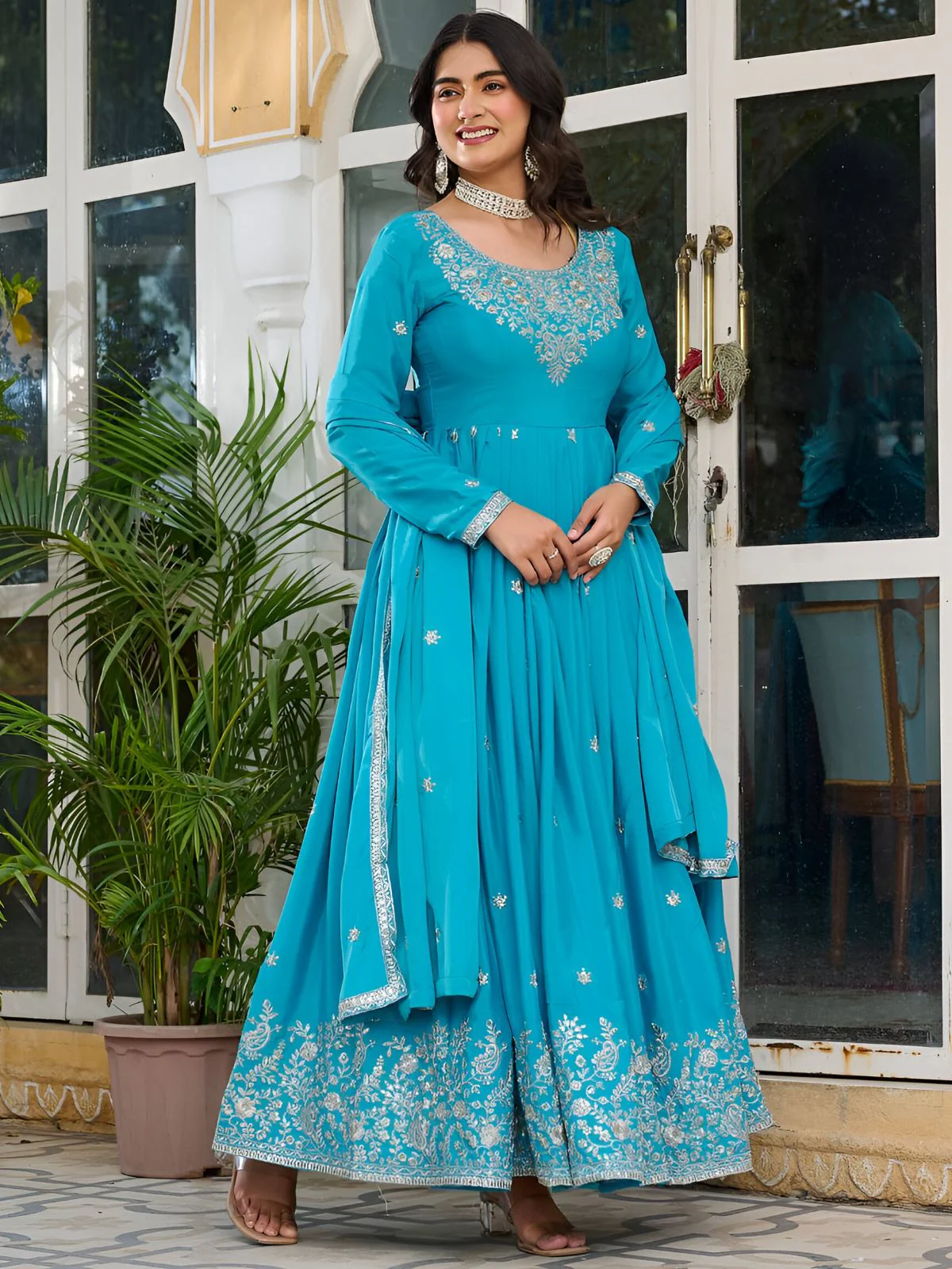 Odette Sky Blue Silk Blend Embroidery & Gathered Kurta Set For Women - Image 3