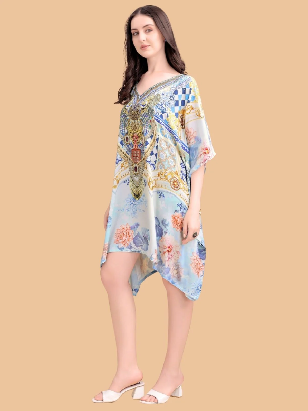Odette Sky Blue Silk Blend Printed Kaftan For Women - Image 2