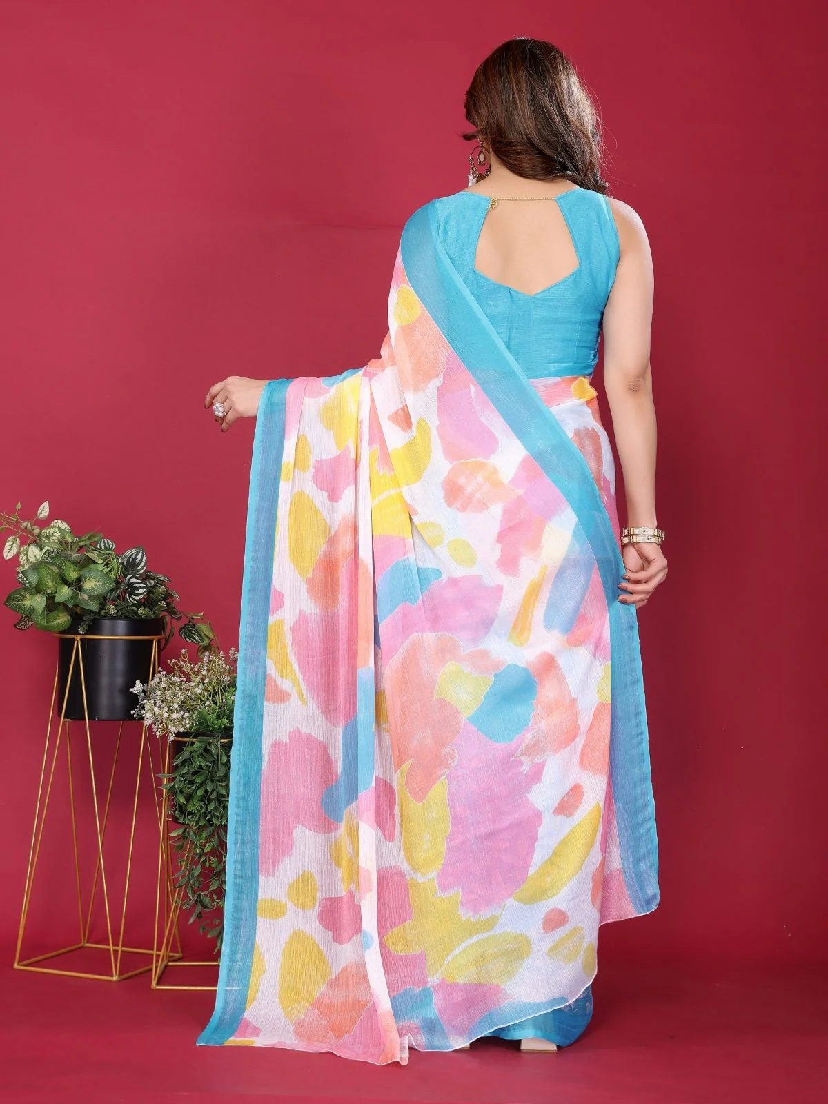 Odette Sky Blue Silk Blend Printed Saree For Women - Image 3