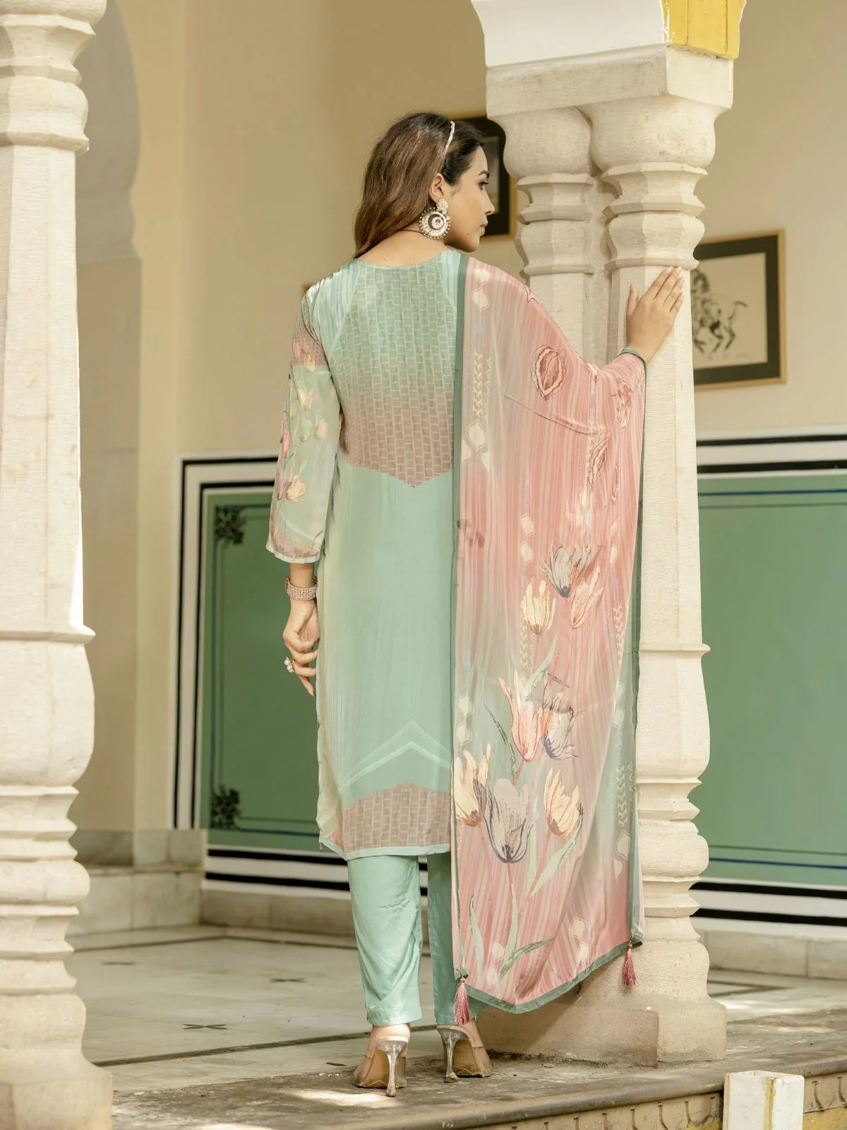 Odette Sky Blue Silk Blend Printed Stitched Kurta Set For Women - Image 2