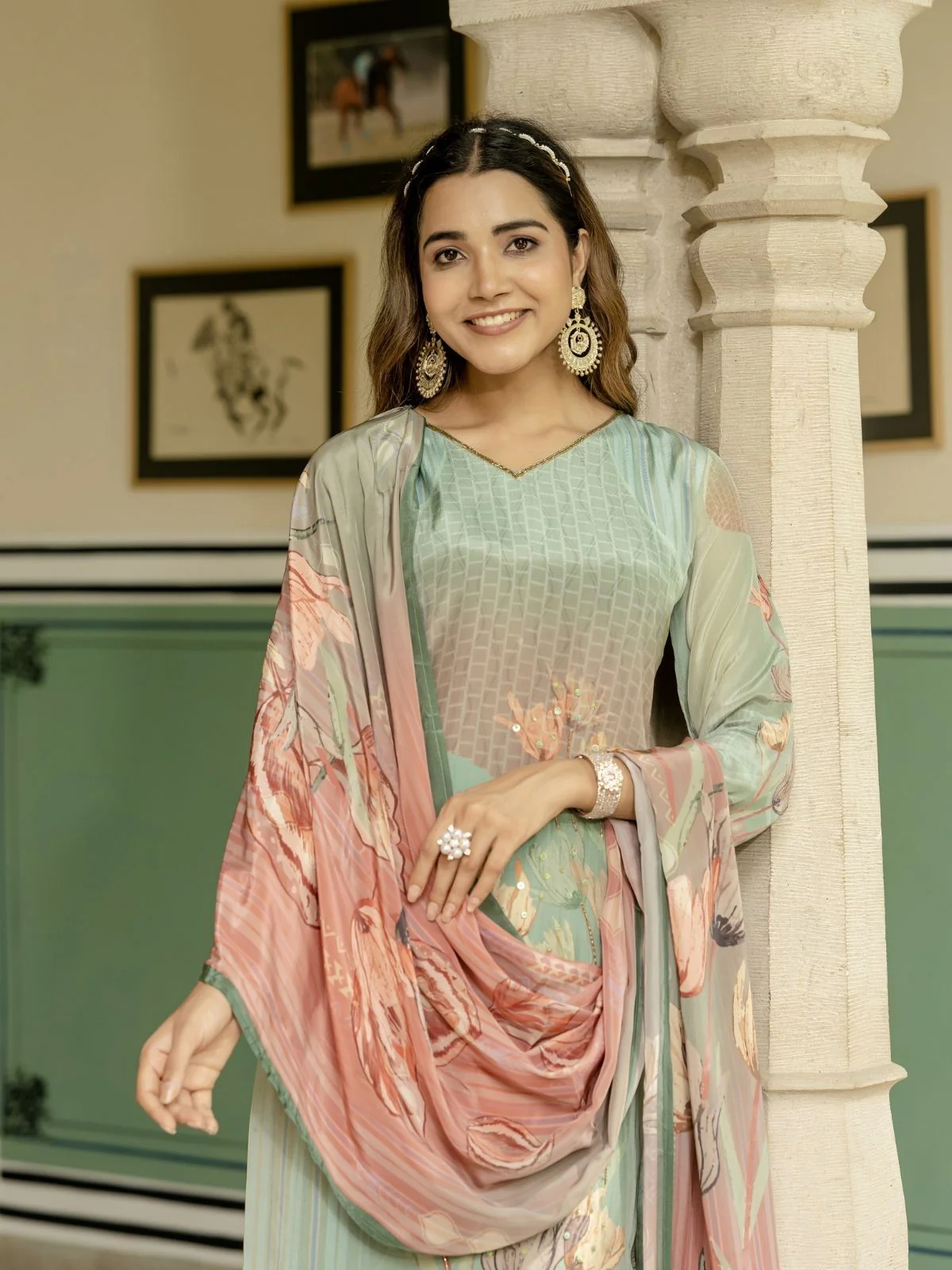 Odette Sky Blue Silk Blend Printed Stitched Kurta Set For Women - Image 3