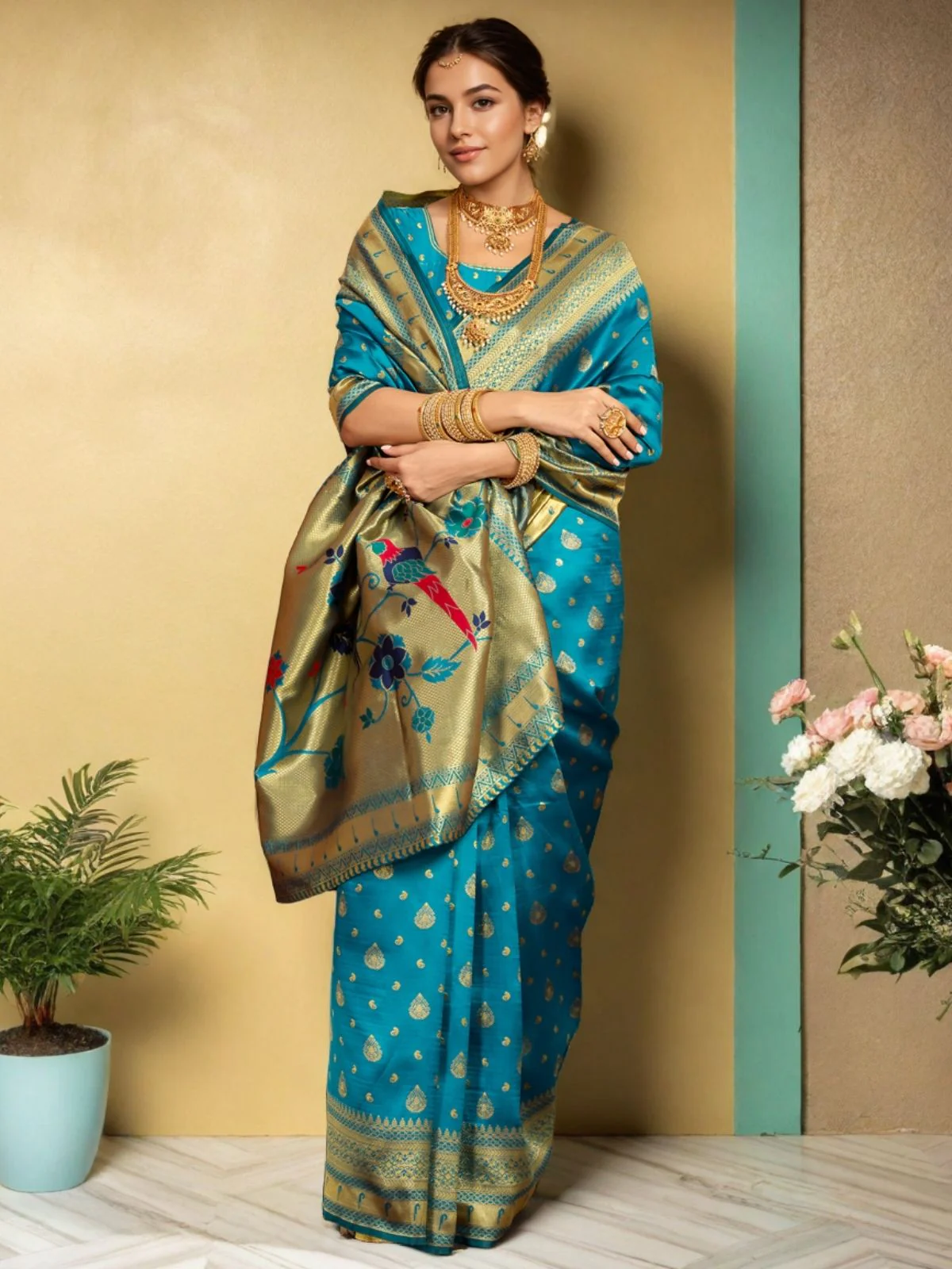 Odette Sky Blue Silk Blend Woven Pithani Saree For Women - Image 3