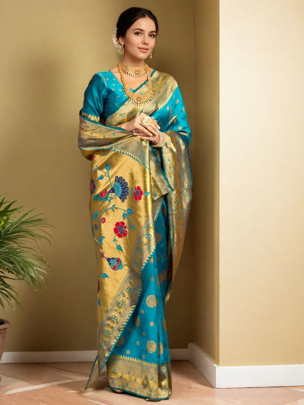 Odette Sky Blue Silk Blend Woven Pithani Saree For Women - Image 2