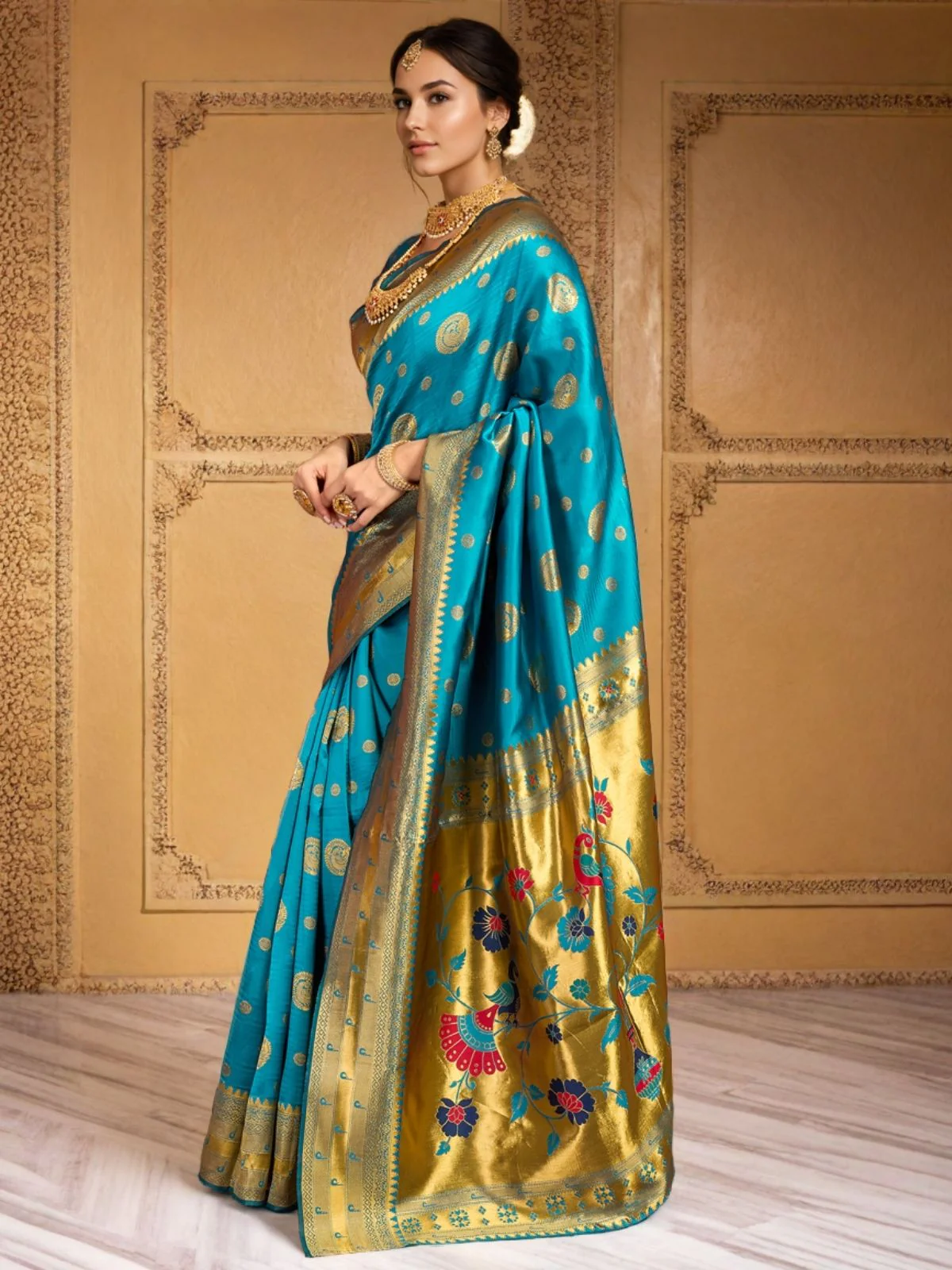 Odette Sky Blue Silk Blend Woven Pithani Saree For Women - Image 3