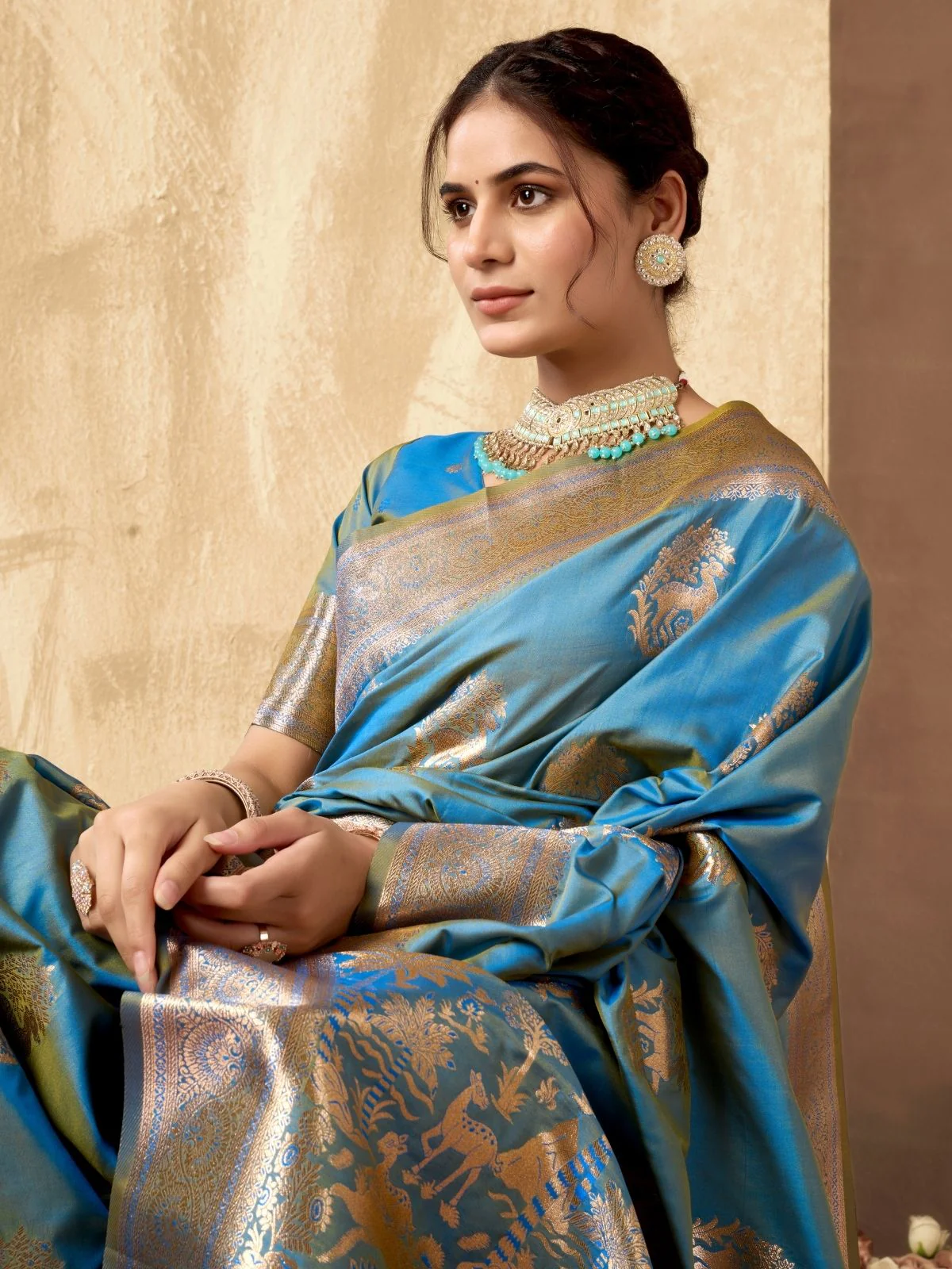 Odette Sky Blue Silk Blend Woven Saree For Women - Image 5