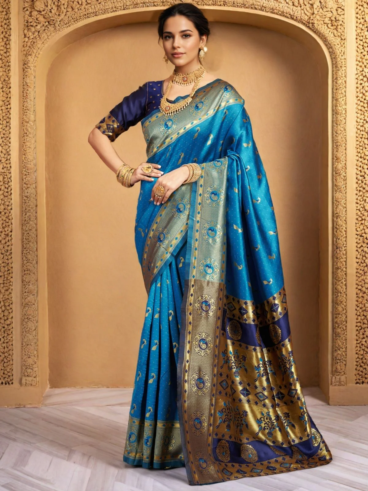Odette Sky Blue Silk Woven Saree For Women - Image 3