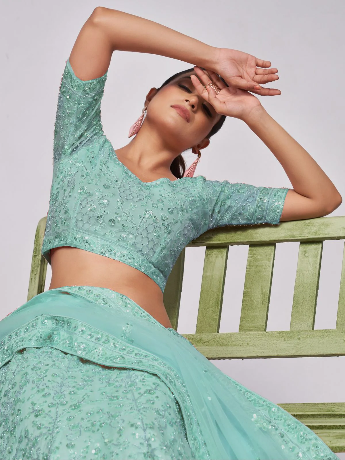 Odette Sky Blue Soft Net Embroidered Semi Stitched Lehenga With Unstitched Blouse For Women - Image 4