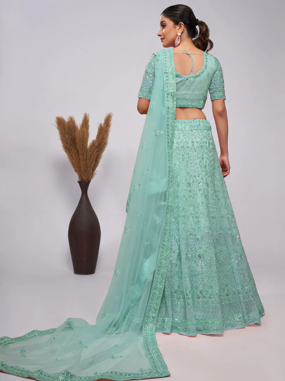 Odette Sky Blue Soft Net Embroidered Semi Stitched Lehenga With Unstitched Blouse For Women - Image 5