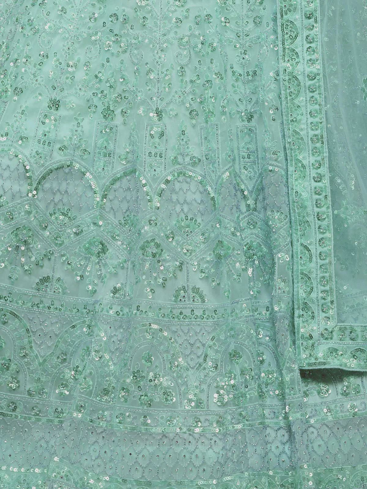 Odette Sky Blue Soft Net Embroidered Semi Stitched Lehenga With Unstitched Blouse For Women - Image 6