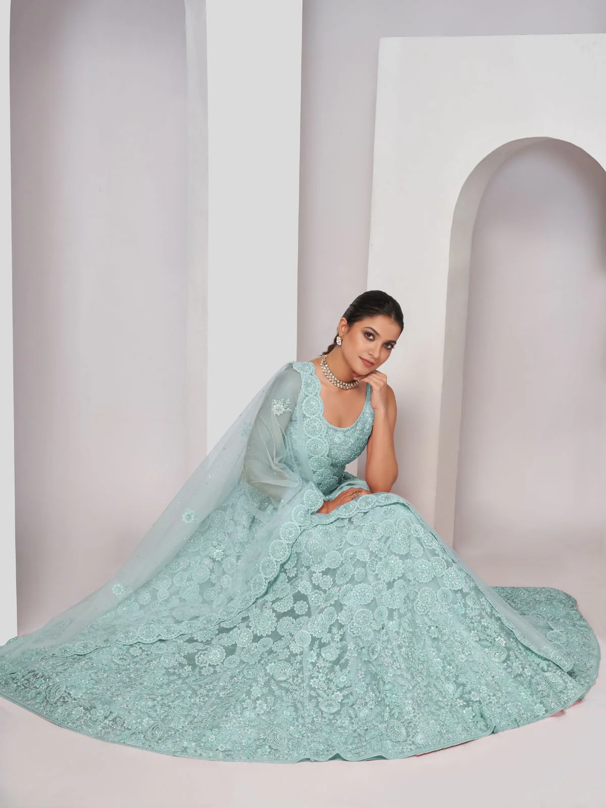 Odette Sky Blue Soft Net Embroidered Semi Stitched Lehenga With Unstitched Blouse For Women - Image 2